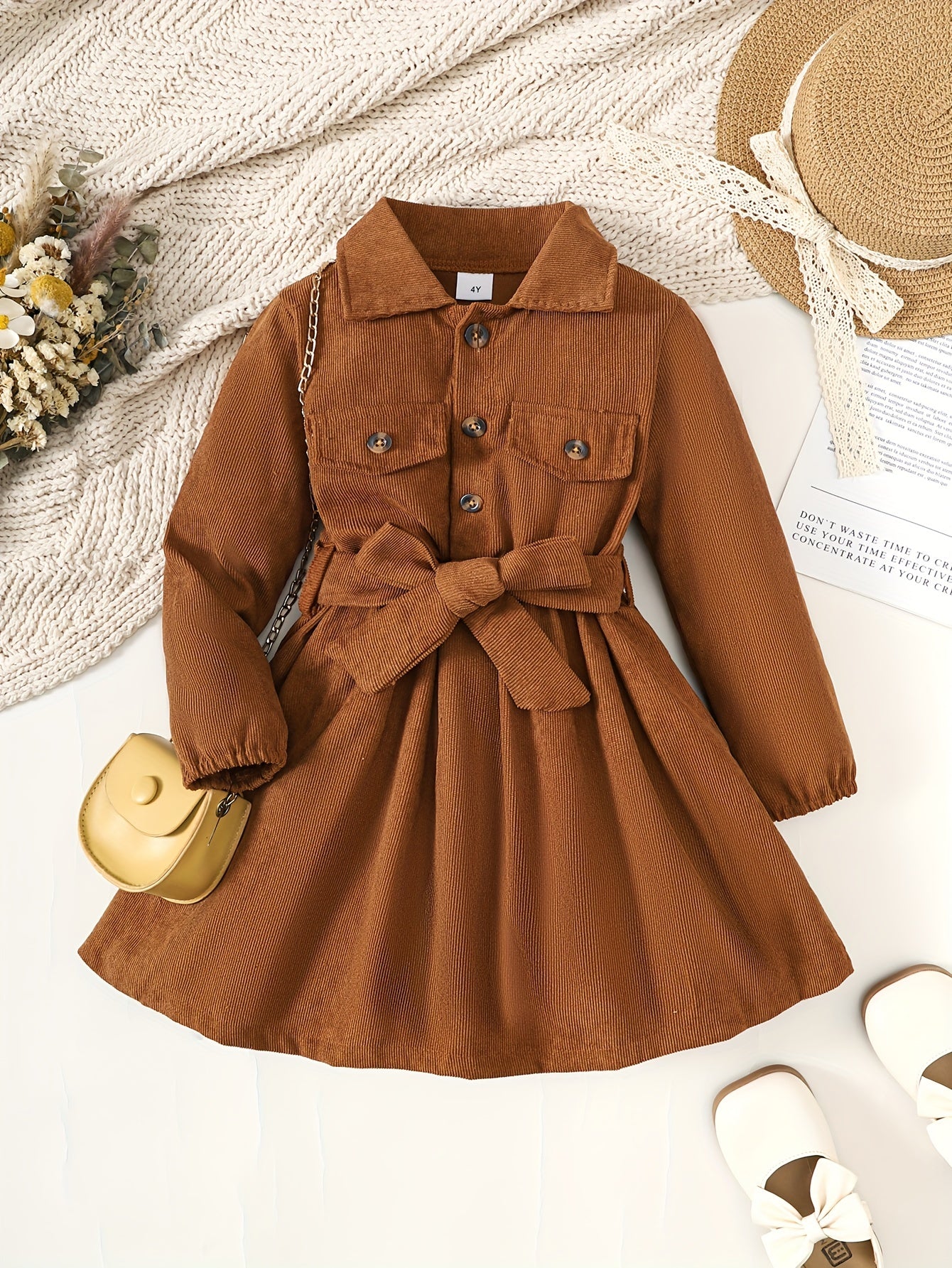 🎀 Toddler Girls' Solid Half Button Lapel Dress with Bow Belt 👗