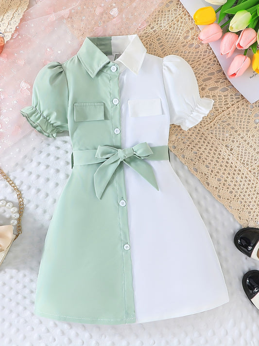 🌟 Girls' Elegant Patchwork Collar Shirt Dress 🌟