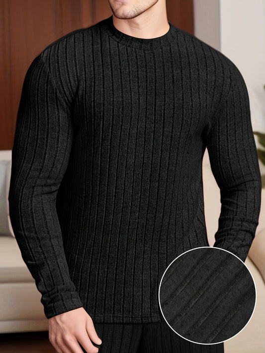 👕 Men's Solid Ribbed Crew Neck Long Sleeve Active T-Shirt 🌿