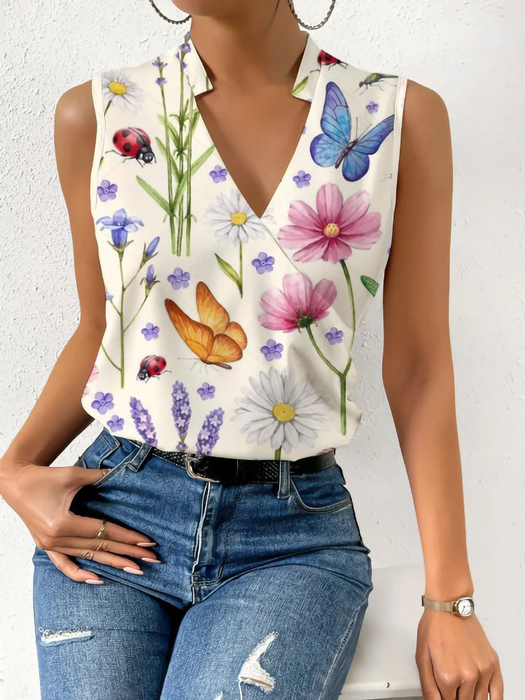 Women's Casual V-neck Pullover Digital Printing Top T-shirt Vest