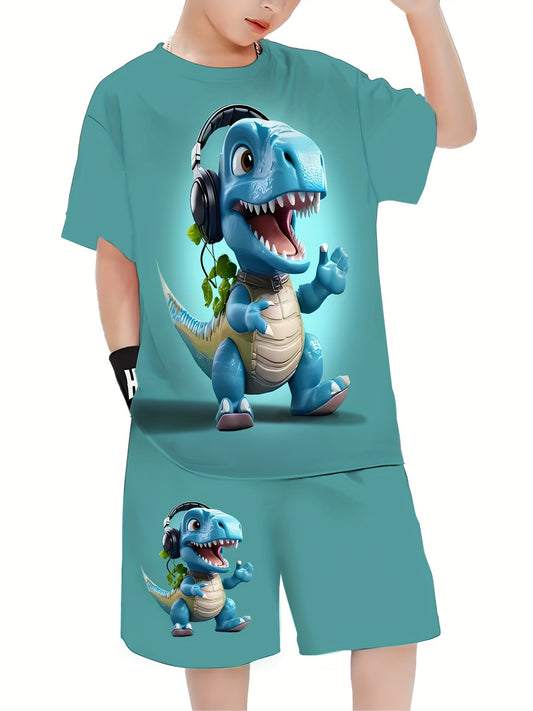 🦖 Boys' 2-Piece Dinosaur Headphone Graphic T-Shirt & Shorts Set – Fun & Comfy Summer Outfit 👕