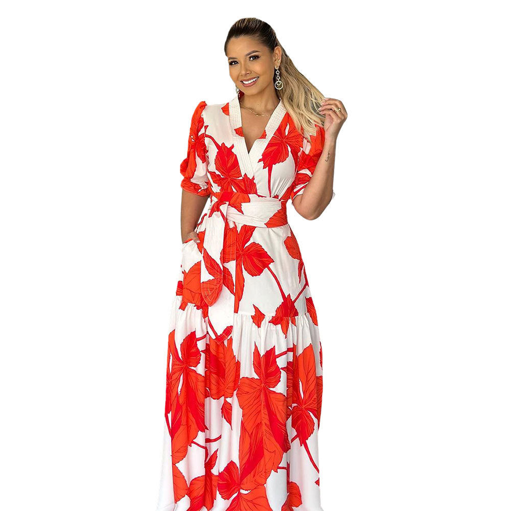 European And American V-neck Tight Waist A- Line Dress High Waist Casual Puff Sleeve Printing Dress