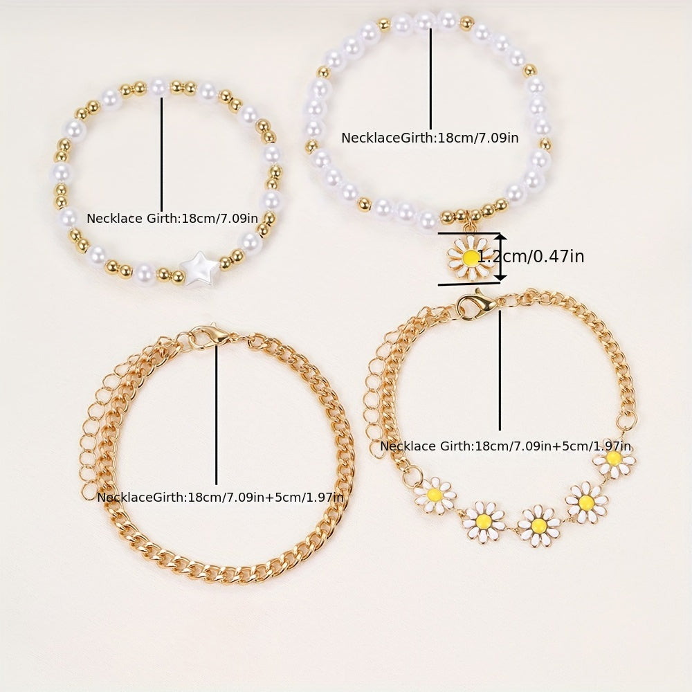 4-Piece Daisy Flower Pendant & White Faux Pearl Beaded Bracelet Set 🌼✨