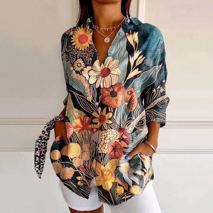 3D Color Matching Printing Pattern Autumn Leisure Loose Shirt Button Top