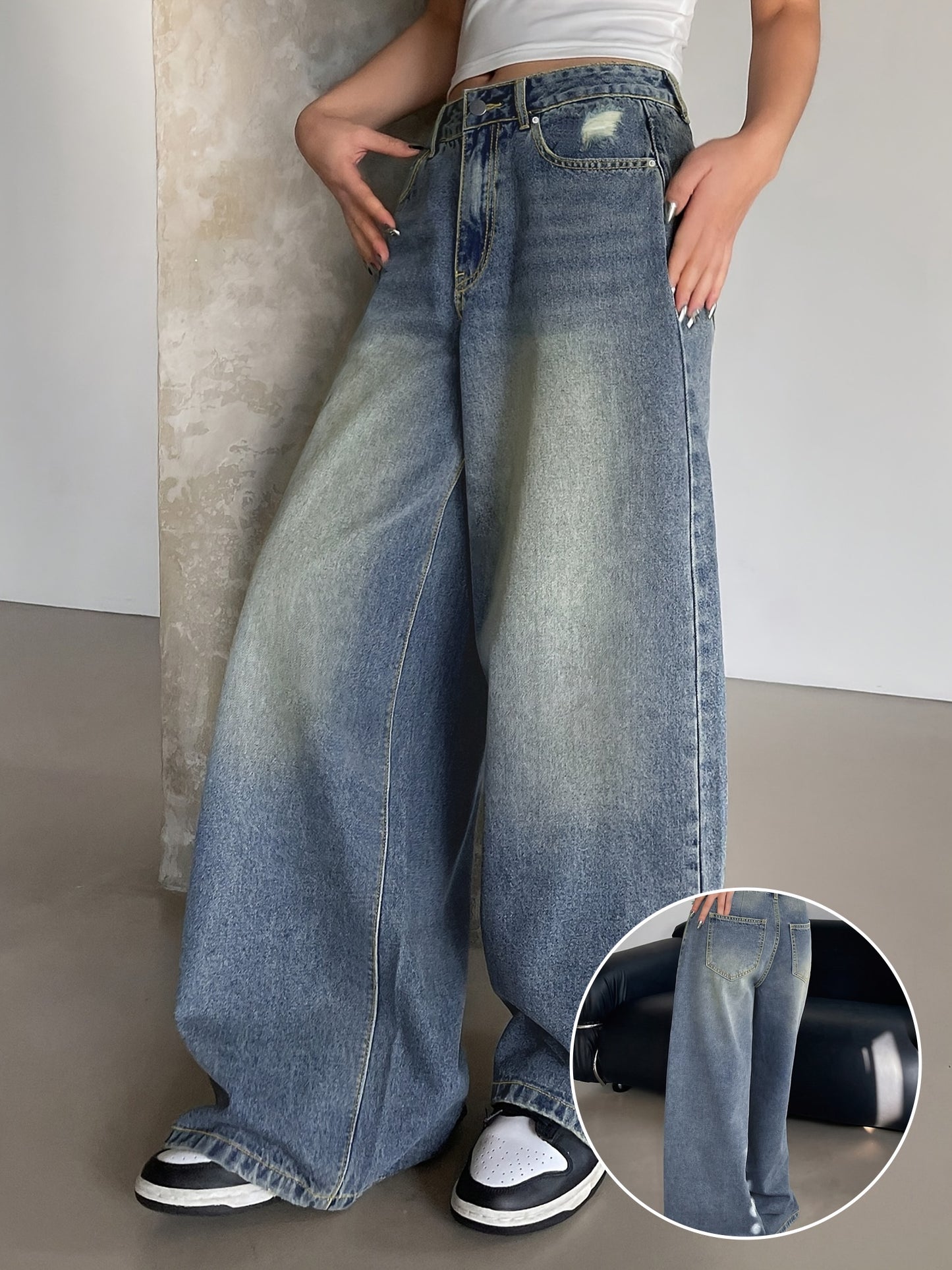 👖 Women's Vintage Washed Blue Denim Wide Leg Jeans 👖