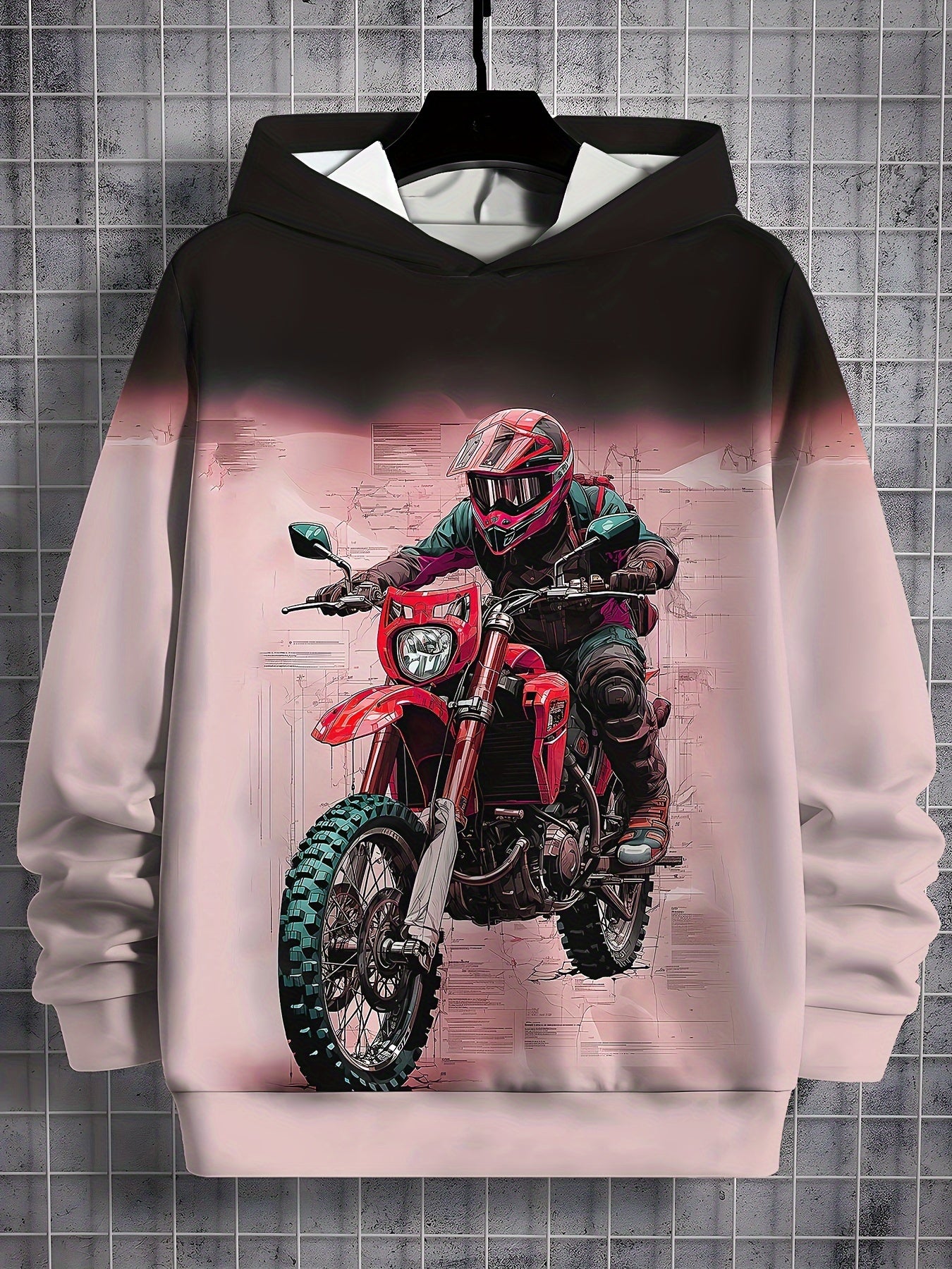 🏍️ Boy's Motorbike Rider Pattern Hooded Sweatshirt – Trendy Pullover for Autumn & Spring 🍂