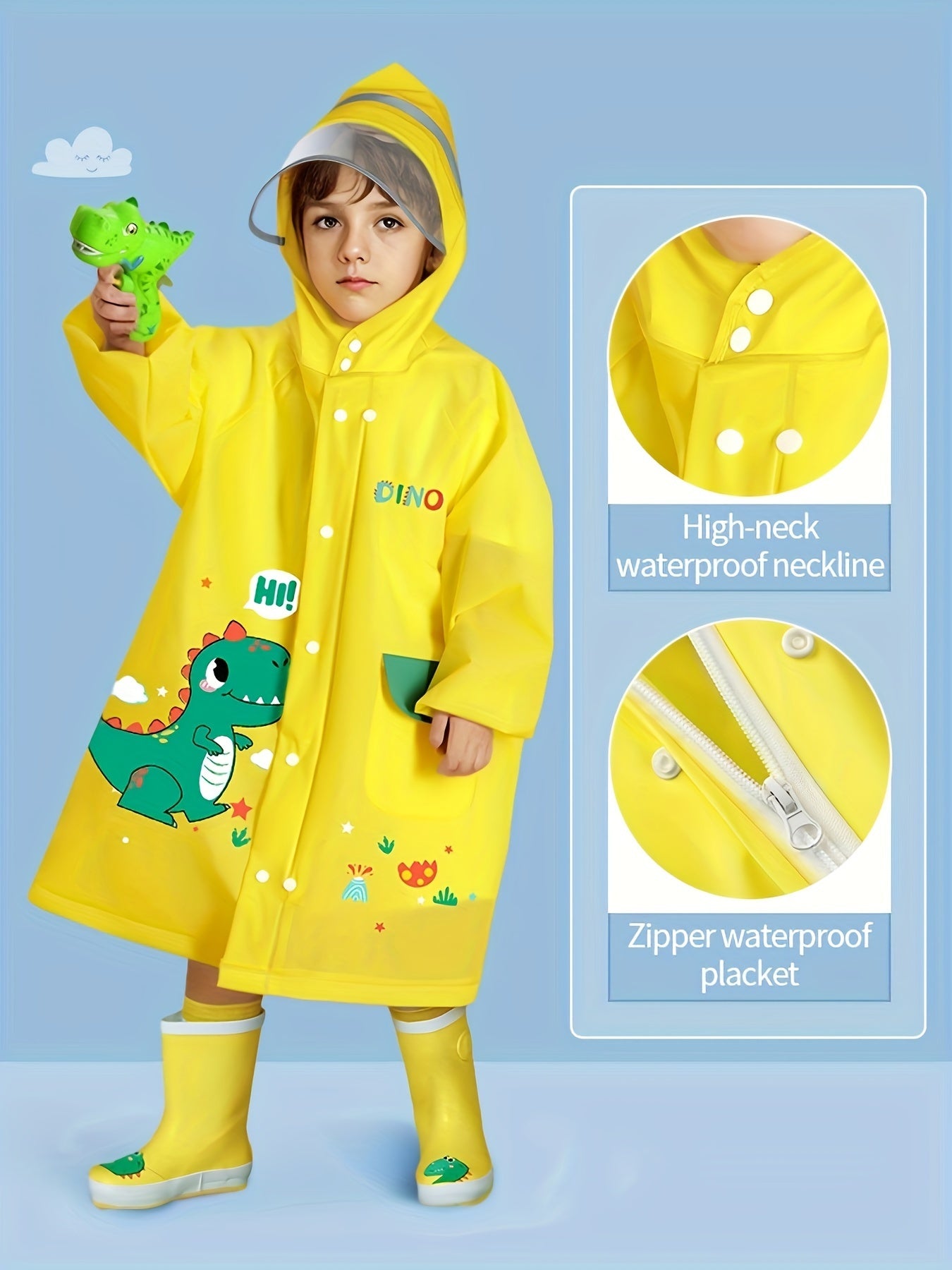 🦕 Boys & Girls Casual Cartoon Dinosaur Print Waterproof Hooded Raincoat 🌧️