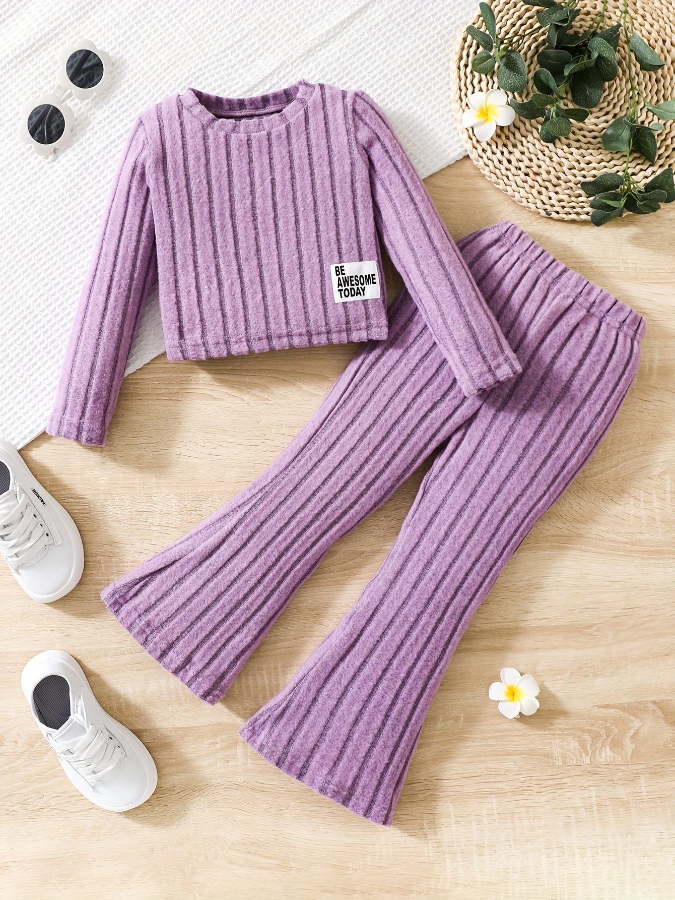 🌸 Toddler Girls 2-Piece Ribbed Outfit Set - Crew Neck Long Sleeve Pullover + Flare Pants