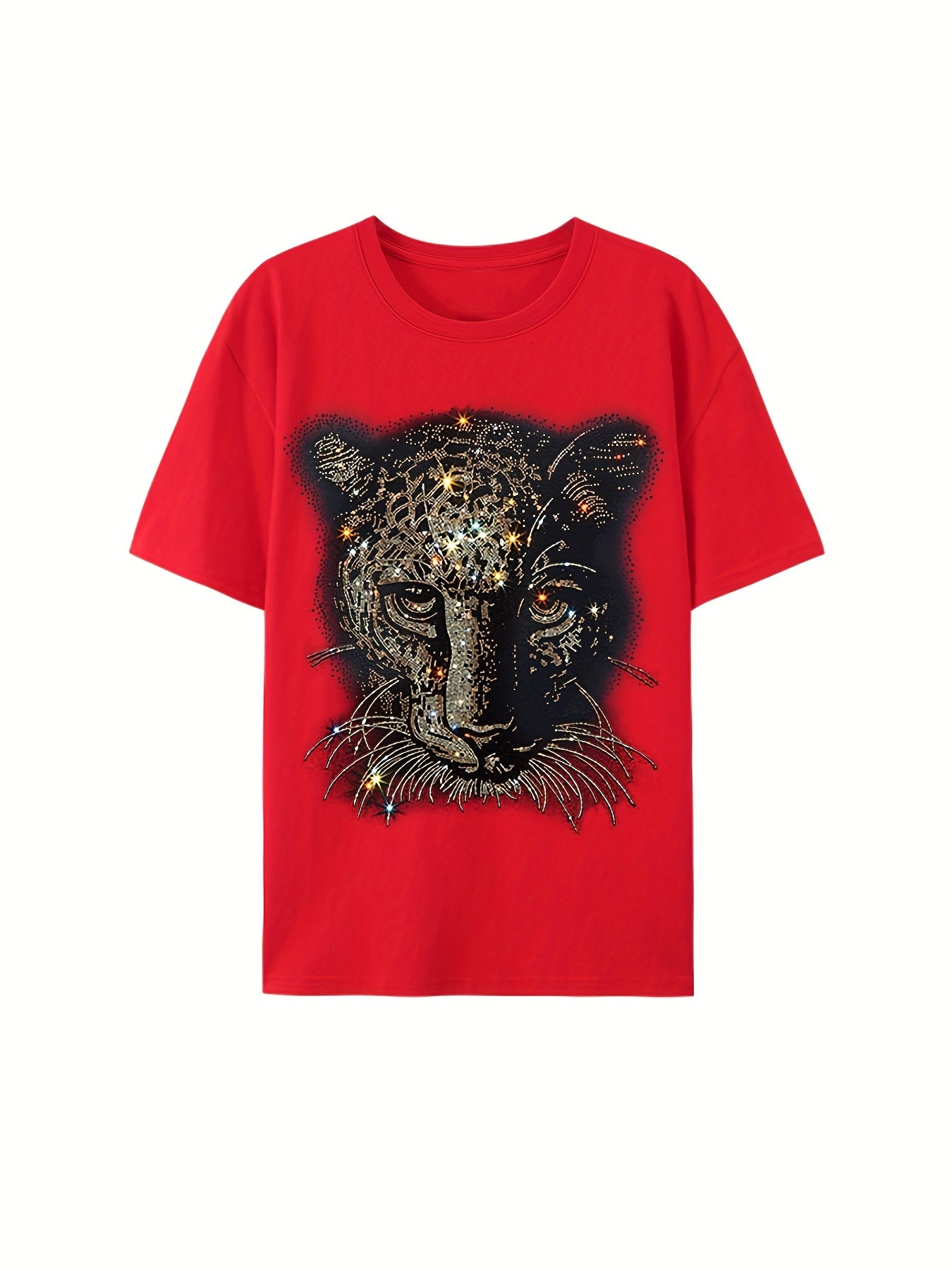 ✨ Rhinestone Leopard T-Shirt 🐆 - Casual Crew Neck Graphic Tee for Men