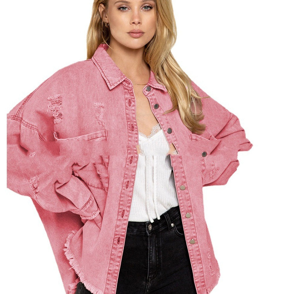 Women's Mid-length Raw Hem Ripped Denim Coat