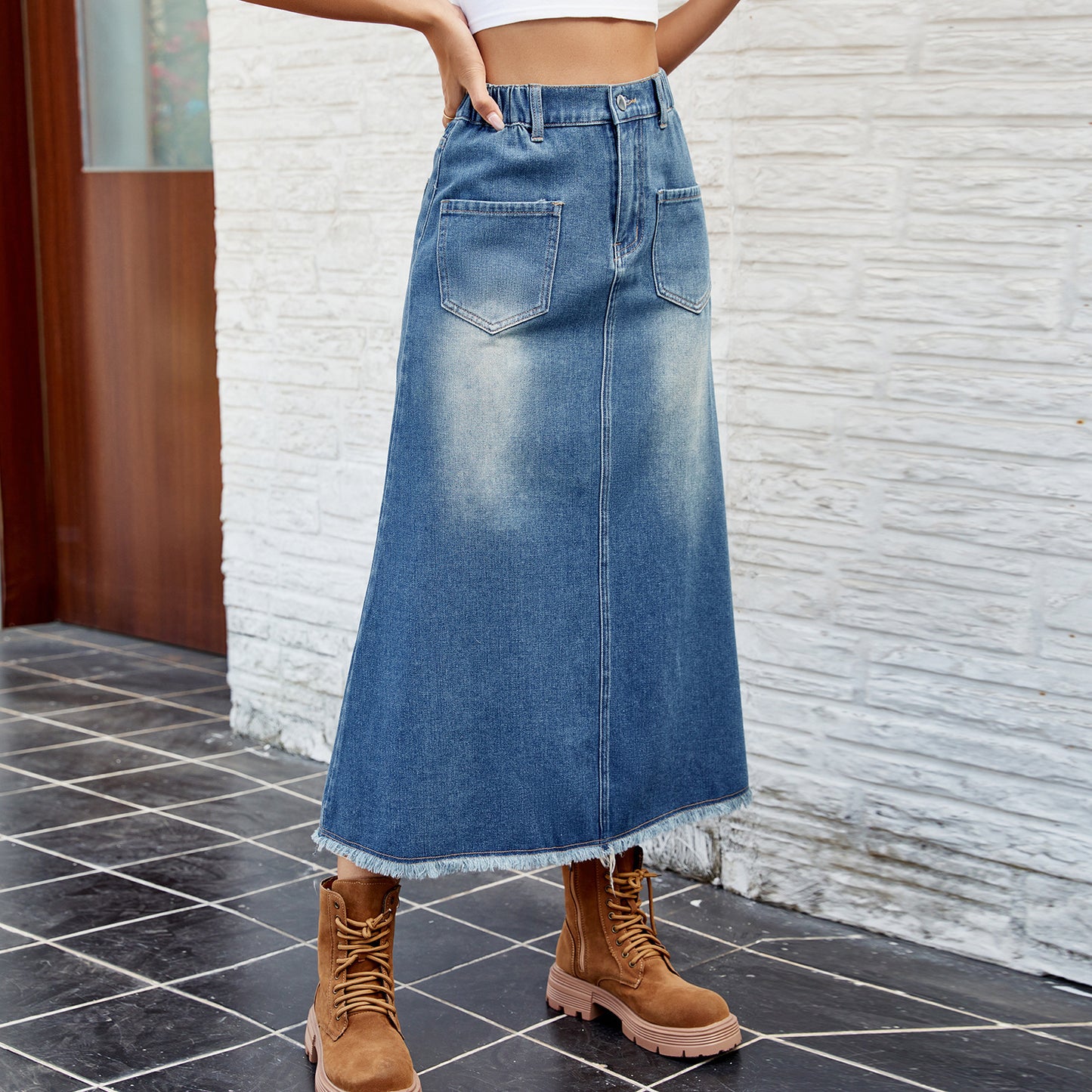 European And American Washed Frayed Hem Denim Skirt Midi Skirt