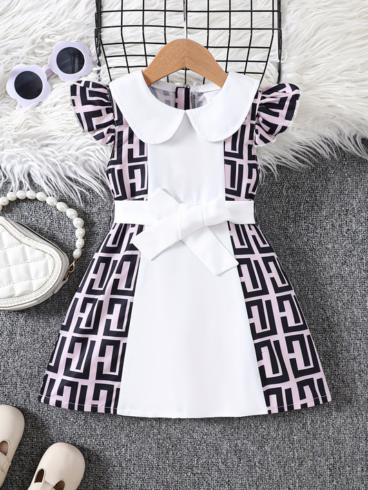 🌼 Baby's Geometric Pattern Doll Collar Dress - Casual Cap Sleeve Belted Dress 👗✨