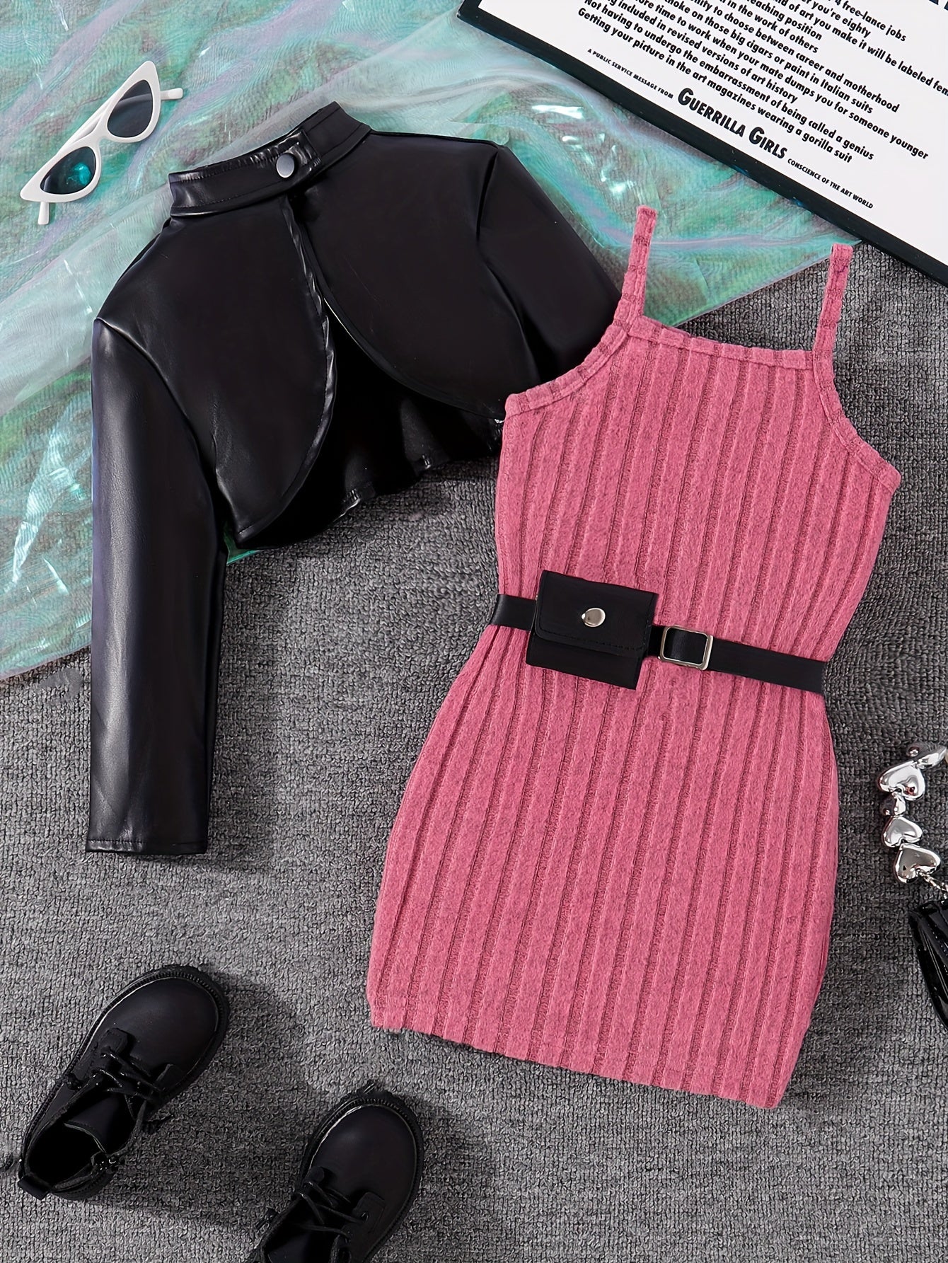 🌟 Trendy Girls 2-Piece Set: Stand Collar Bike Jacket + Ribbed Cami Dress & Belt 👧