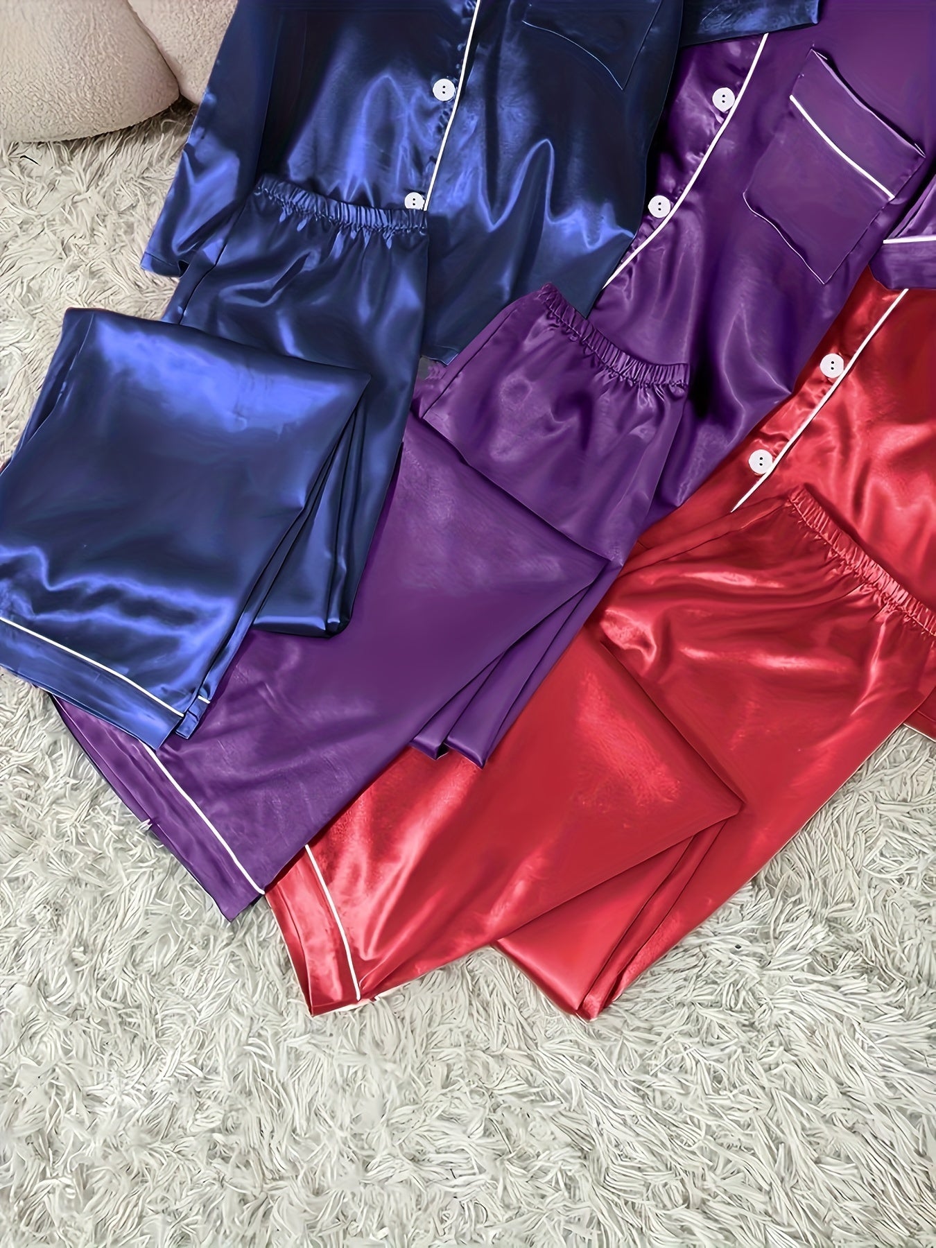 3 Sets Women's Solid Satin Casual Pajama Set ✨