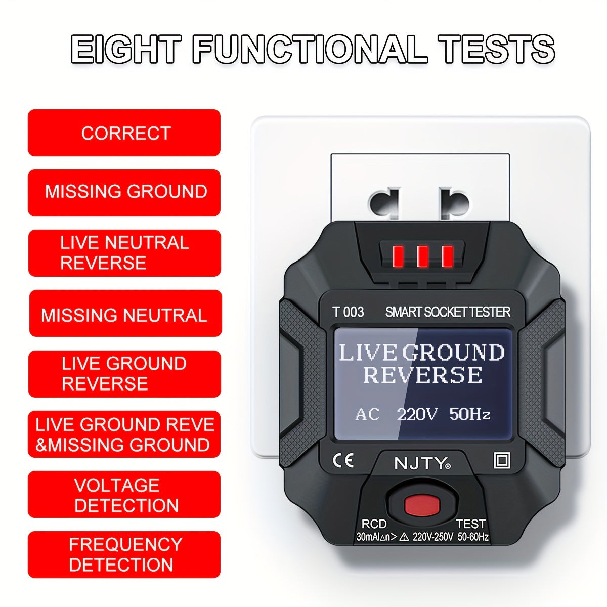 T003 British Standard  Socket Tester: Multi-Functional Appliance Socket Detector With Zero Fire & Ground Wire Detection