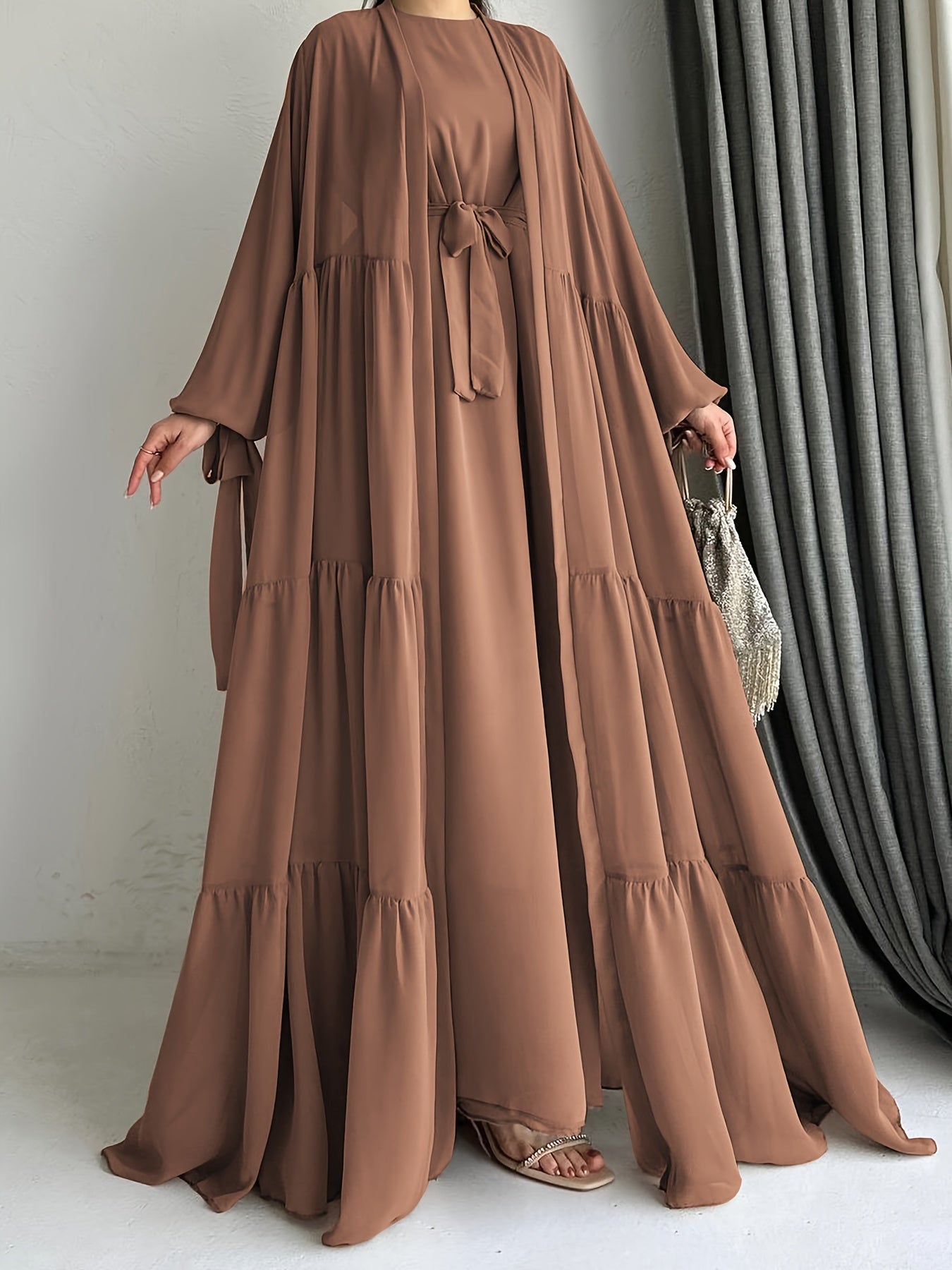 Crew Neck Long Sleeve Abayas Dress - Elegant Ruffle Hem Maxi with Long Sleeve Cardigan