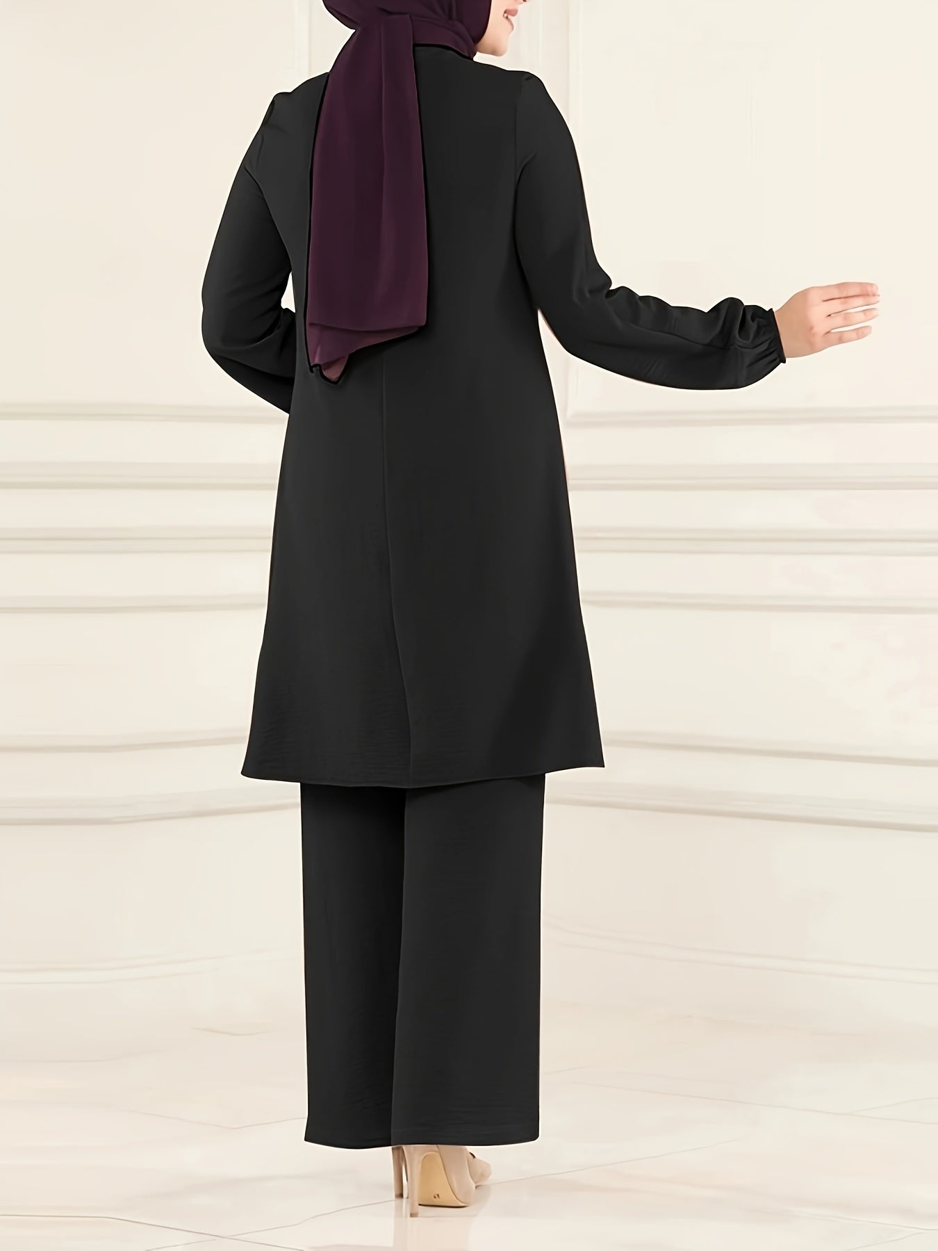 Elegant Solid Muslim Two-Piece Set - Long Sleeve Crew Neck Top & Straight Leg Pants