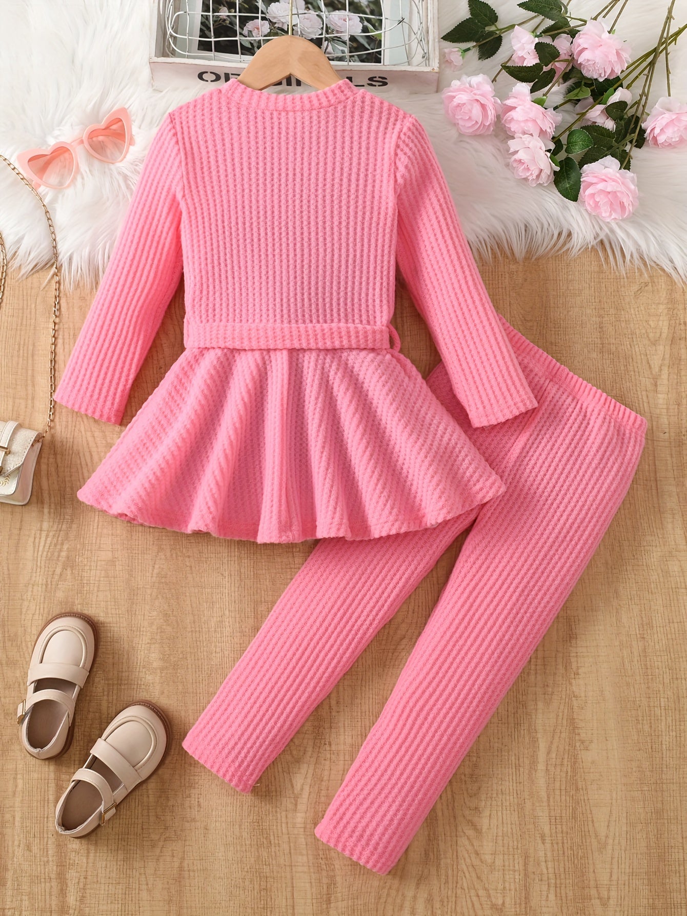 💖 Girls' Casual Waffle Knit Pullover Top with Bow and Long Sleeve Pants Set