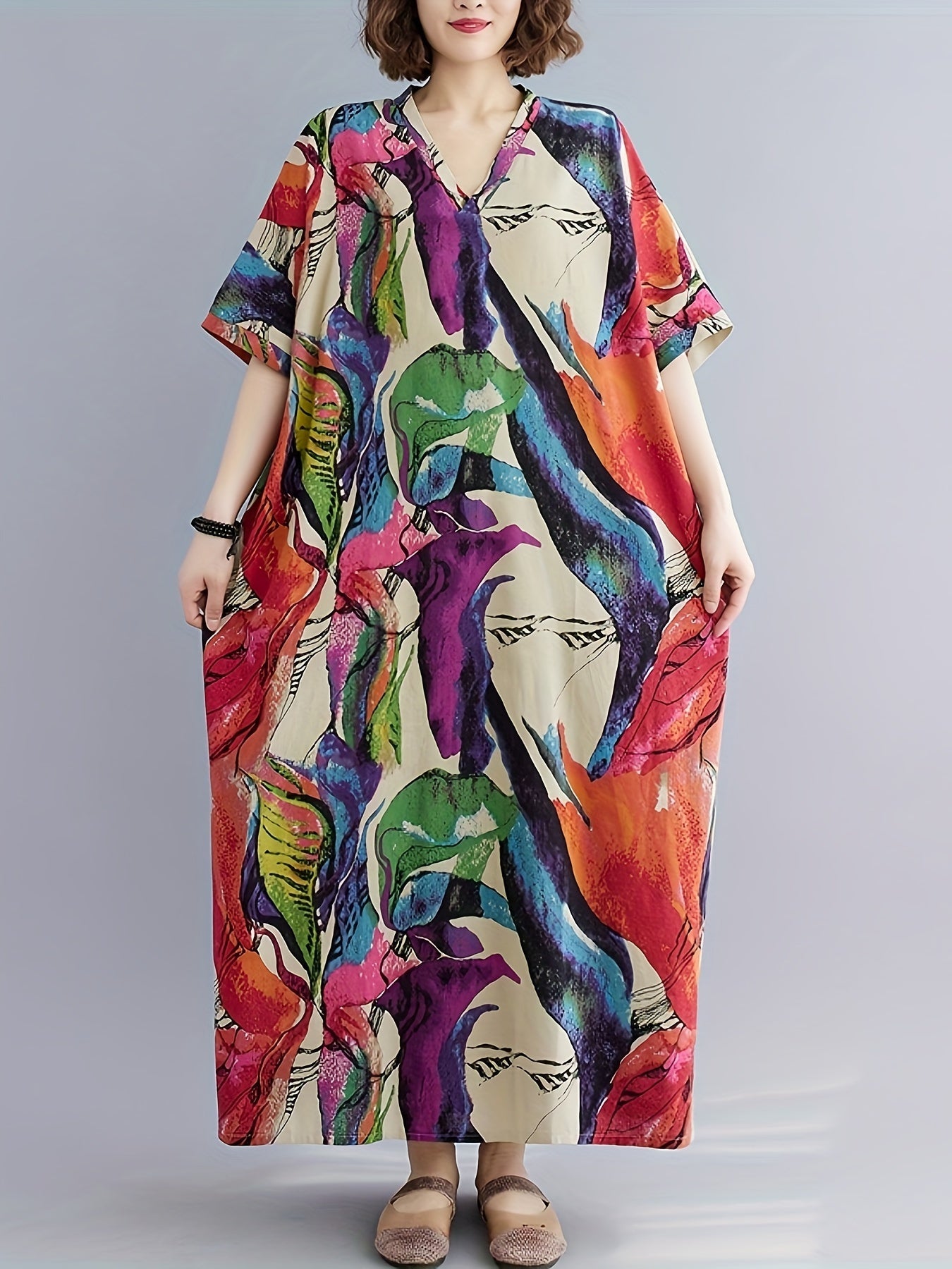 Abstract Print V-Neck Dress