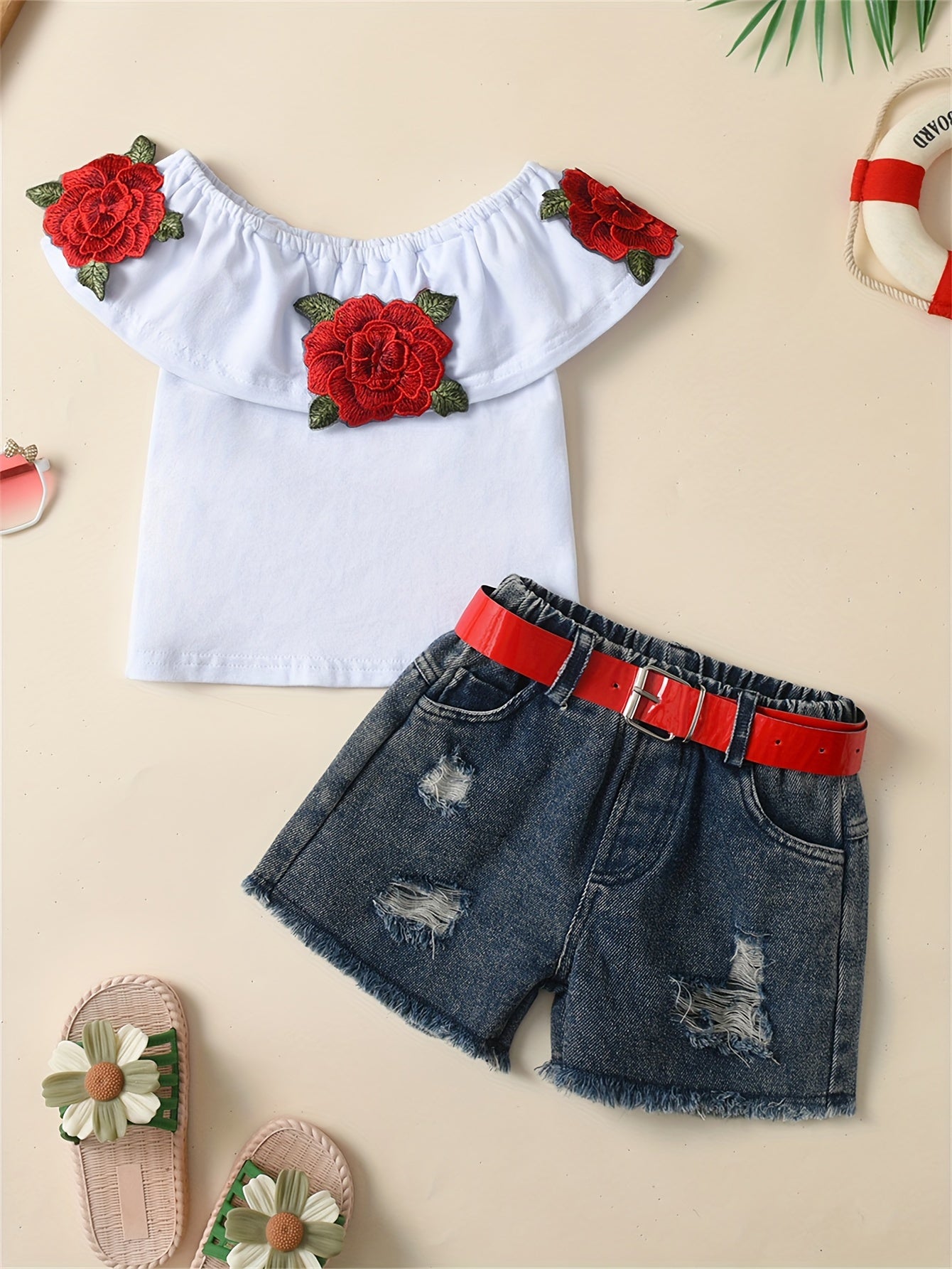 🌸 Cute Floral Off-Shoulder Top & Denim Shorts Set 🌸