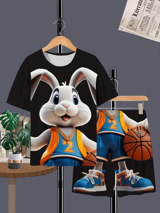 🏀 2-Piece Boy’s Summer Casual Set – Cartoon Rabbit Basketball Player Tee & Shorts 🌟