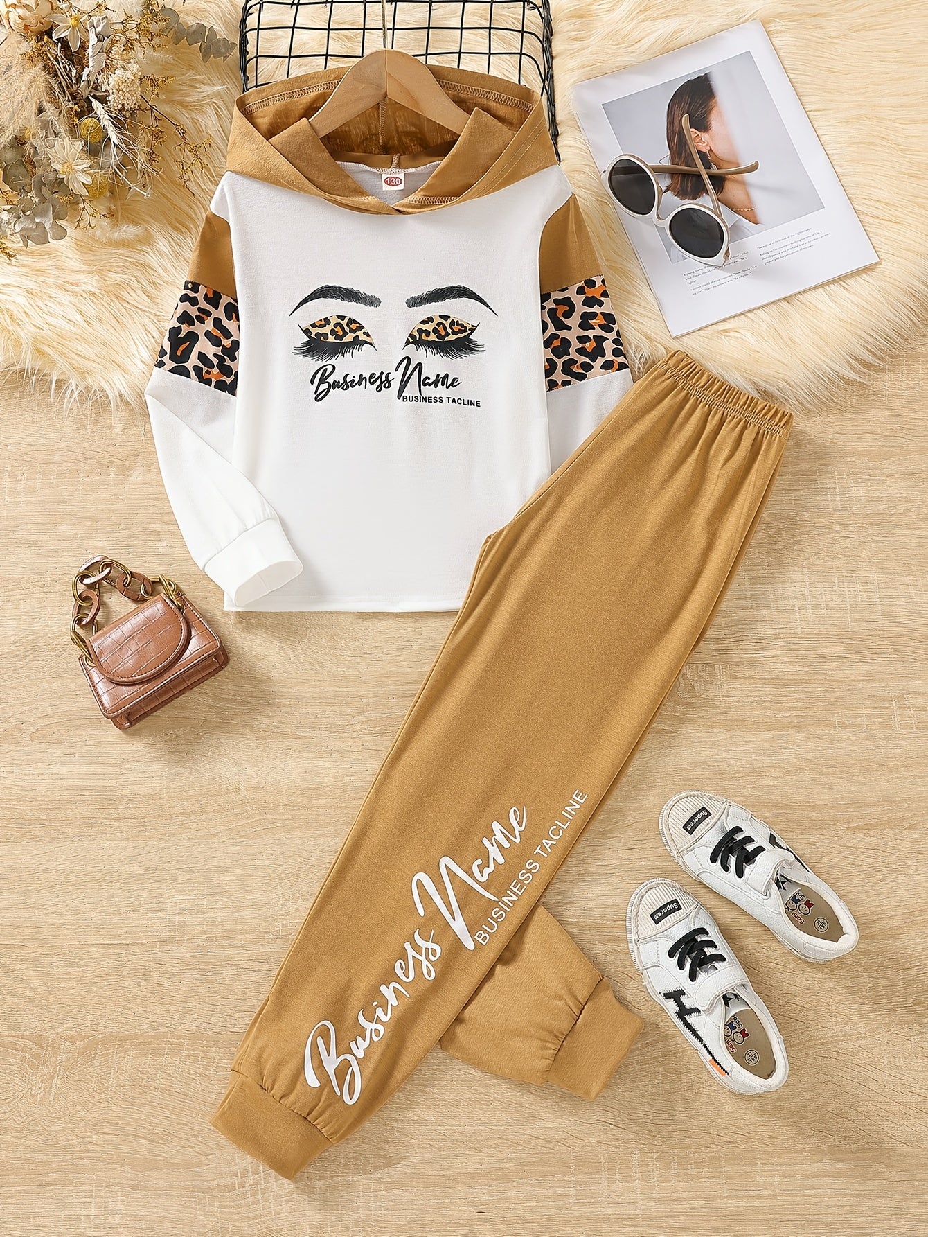 🐆 Girls' Eyelashes & Leopard Print Hoodie with Letter Print Trousers – 2-Piece Kids' Outfit 🌟