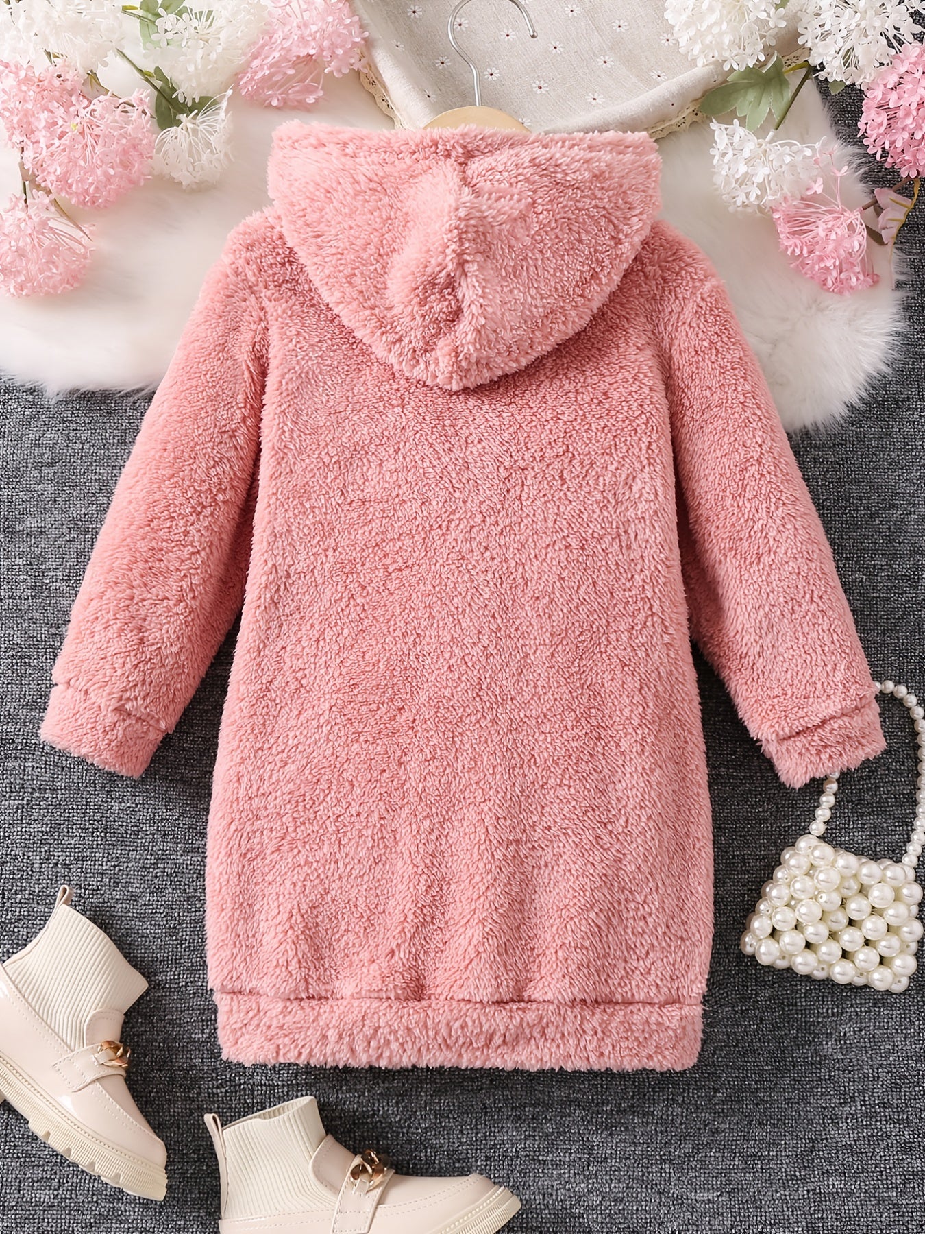 👗 Girls' Reversible Fleece Hooded Long Sleeve Dress with Letter Embroidery 👗