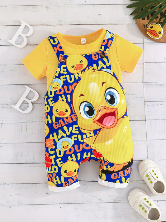 🦆 [Top-Rated] Adorable Duck Print Overalls & Solid Color Tee Set for Youngsters Boys 🌞