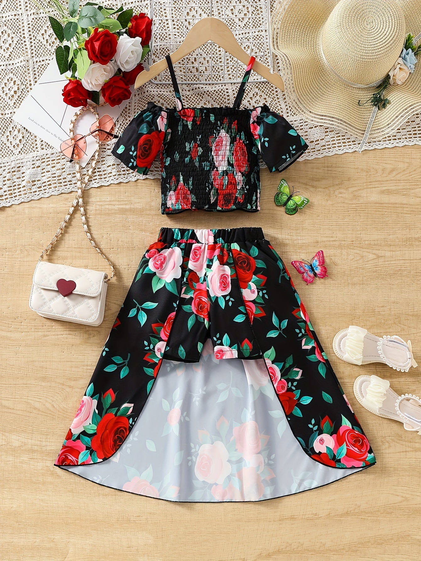 🌸 Girl's Romantic Floral Smocked Top + High-Low Shorts Set 🌺