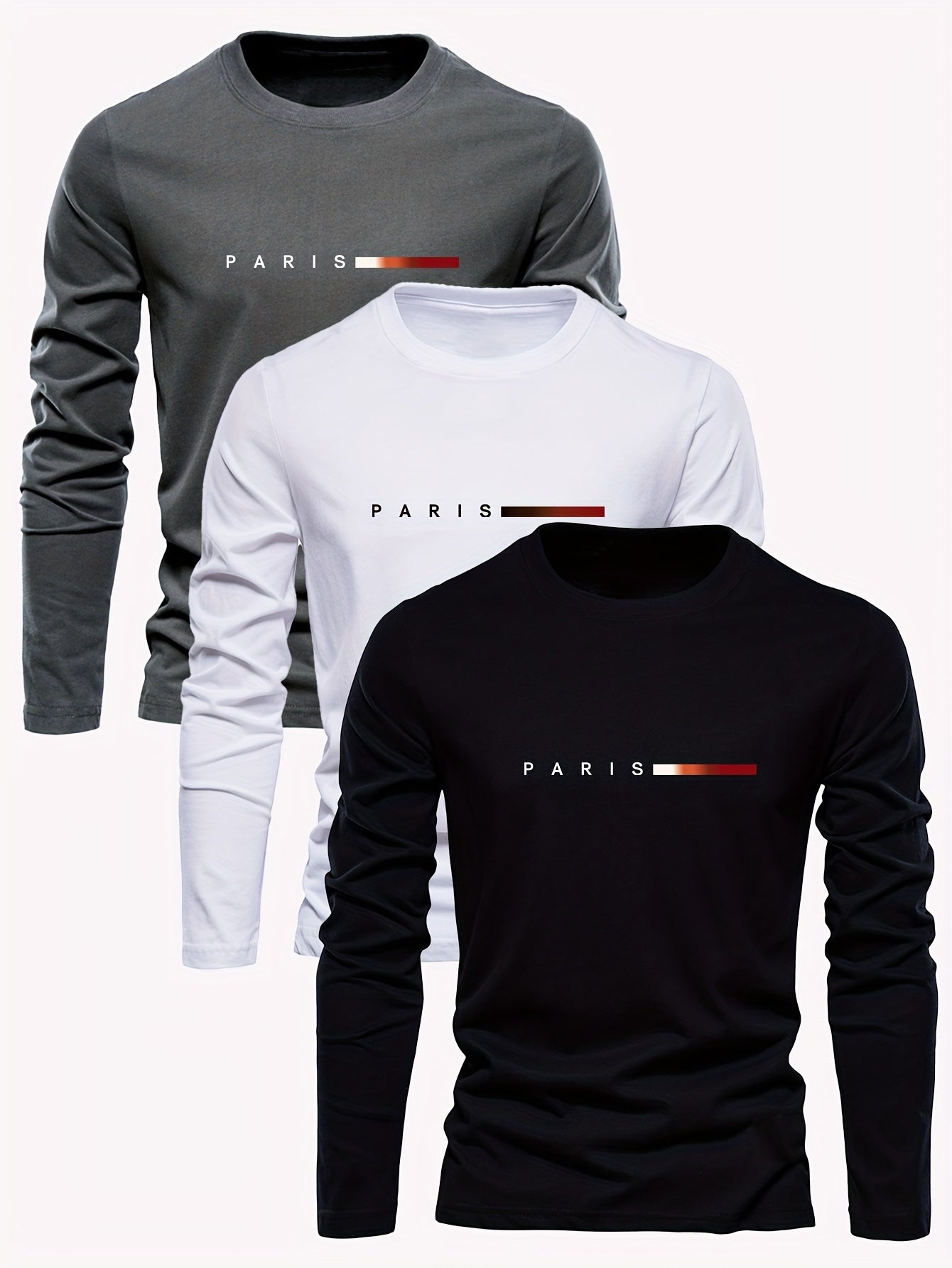 🇫🇷 Men's 3-Pack Long Sleeve T-Shirts with Paris Applique