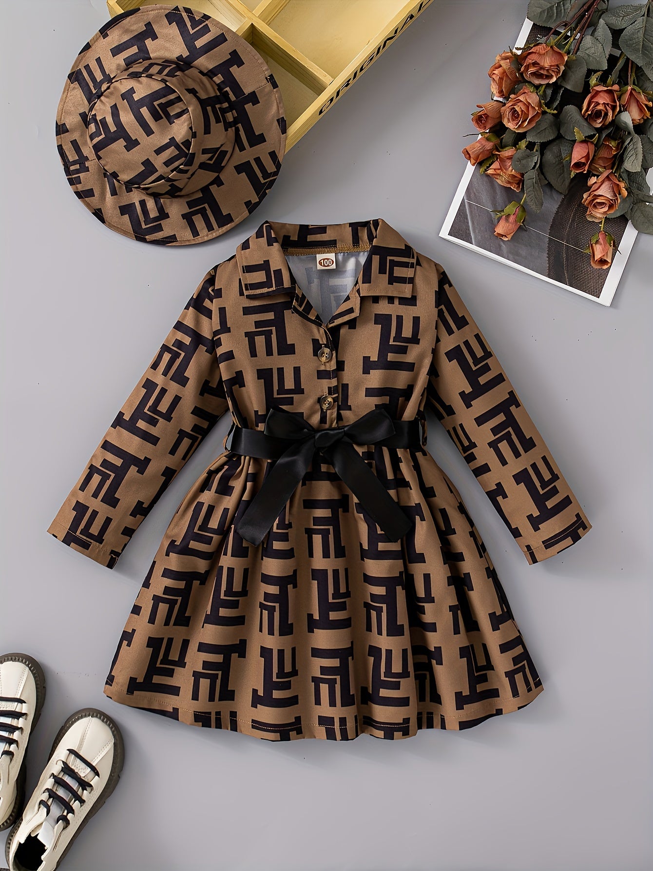 🌸 Girls Fashion Long Sleeve Printed Dress with Collar 👗