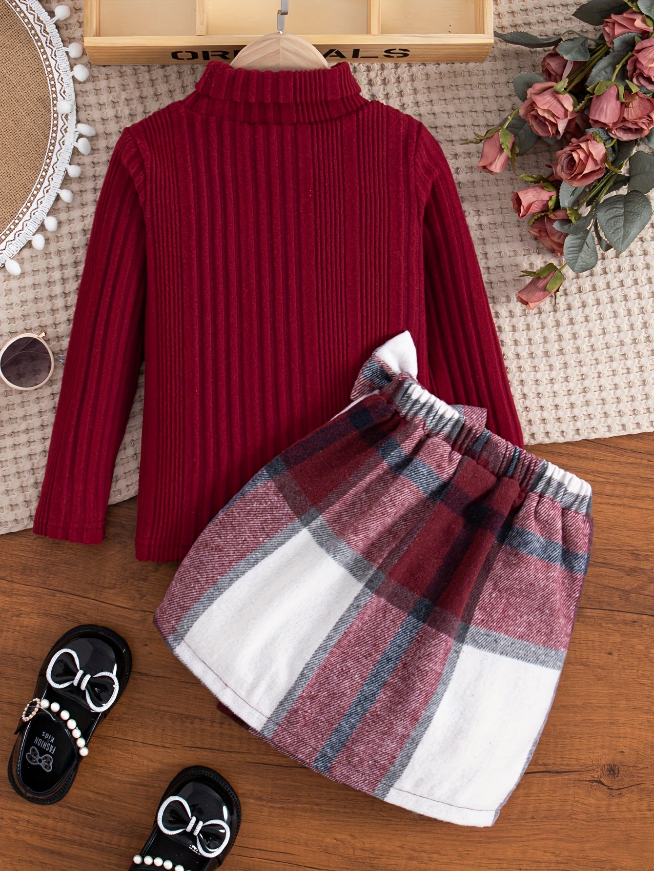 🍂 Elegant 2PCS Girls' Outfit Set: Solid Turtleneck Pullover + Plaid Skirt 🎀