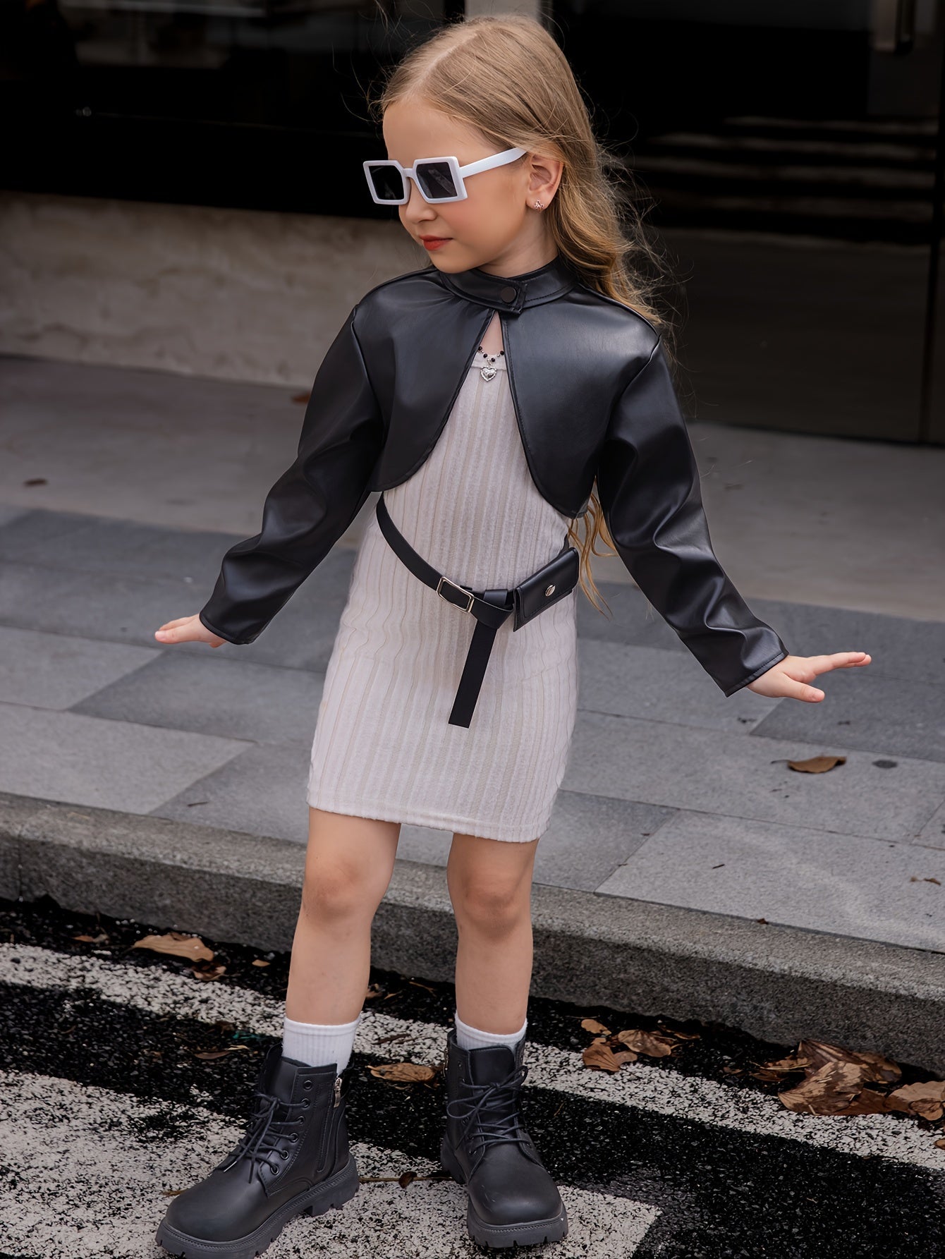 🌟 Trendy Girls 2-Piece Set: Stand Collar Bike Jacket + Ribbed Cami Dress & Belt 👧