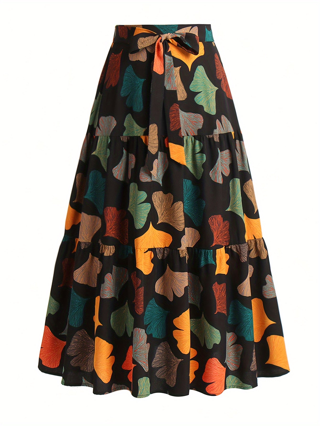 Leaf Print Tie-Waist A-Line Skirt