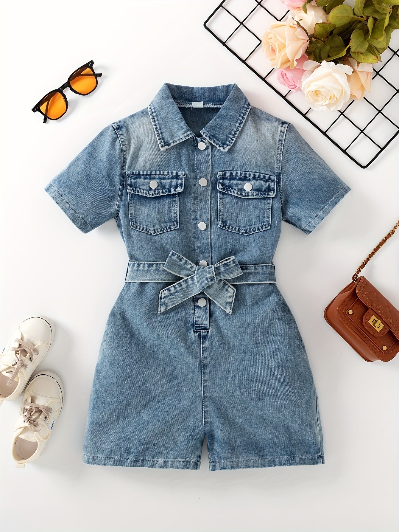 👗 Girls' Stylish & Trendy Short Sleeve Lapel Collar Snap Button Up Belted Cotton Denim Romper 🌸