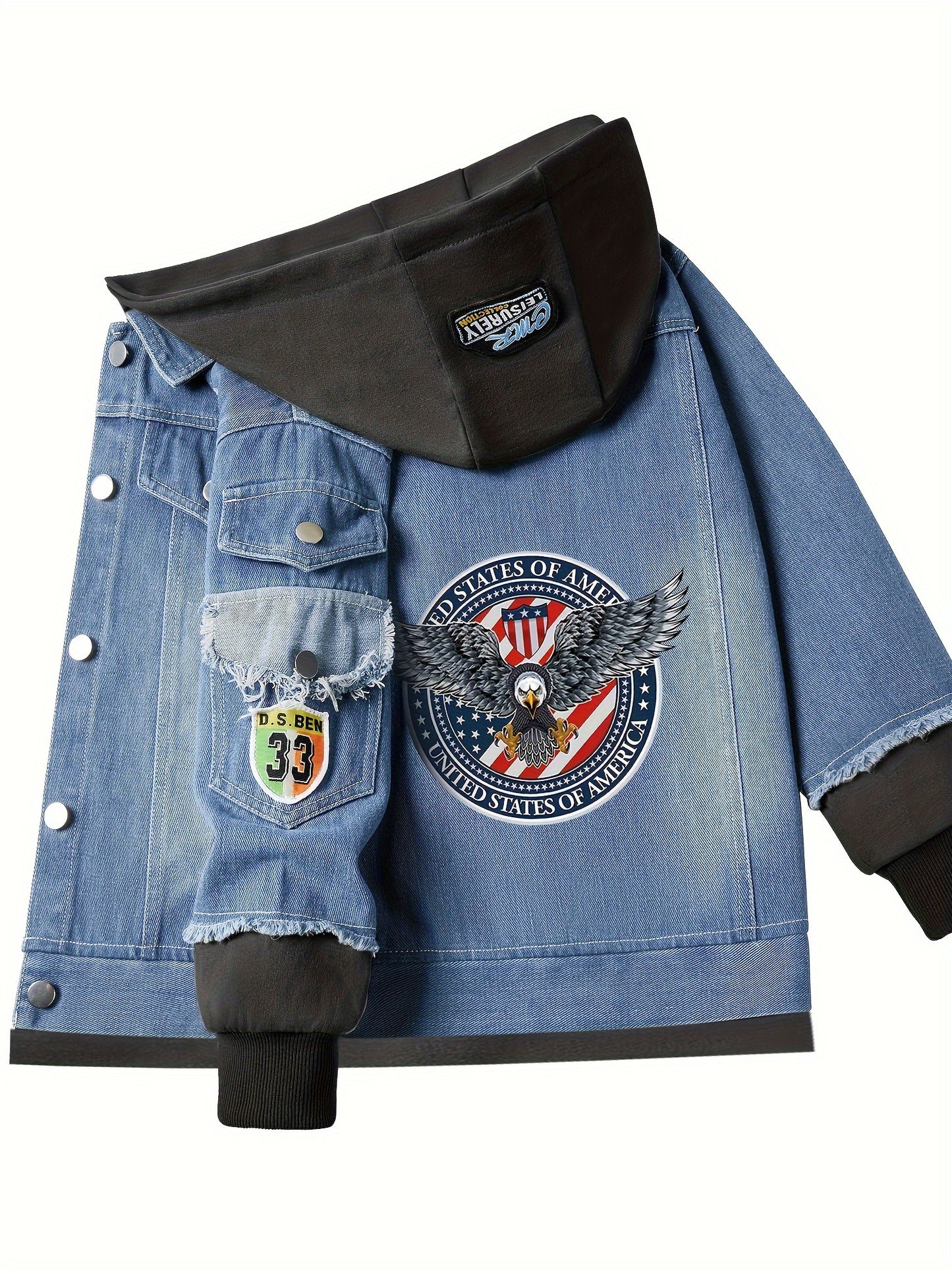 🦅 Boys' Casual Eagle Print Denim Hooded Jacket 🌟