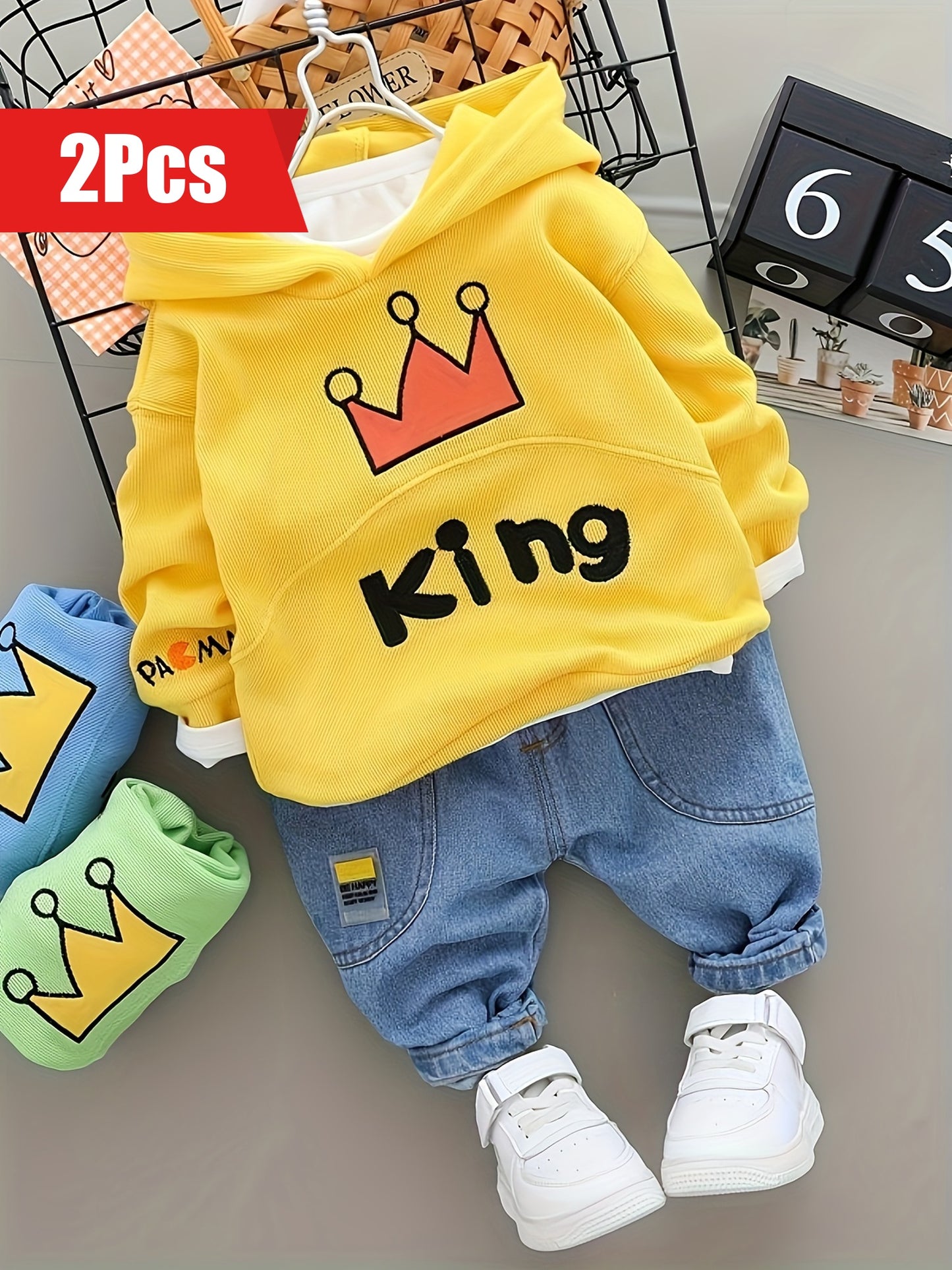 2pcs Baby's KING Crown Embroidery Hoodie & Casual Jeans Set 👑💙