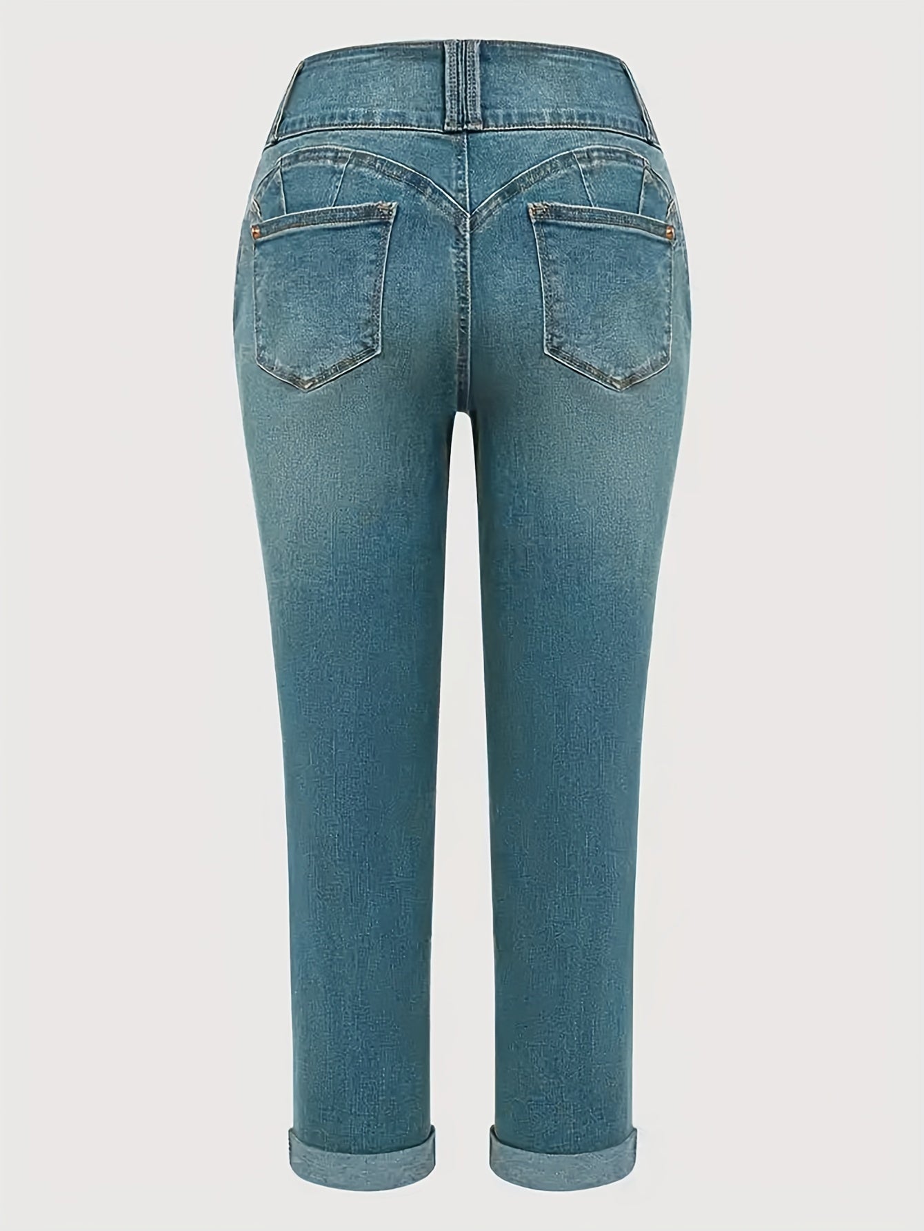 👖 Ripped Roll Up Hem Skinny Fit Washed Blue Capri Jeans