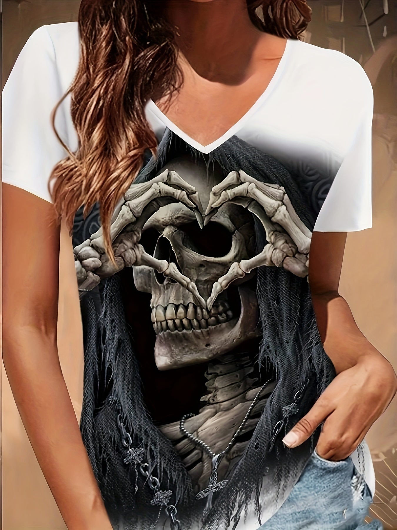 💀 Skull Vibe: V-Neck Skull Print T-Shirt 🌟