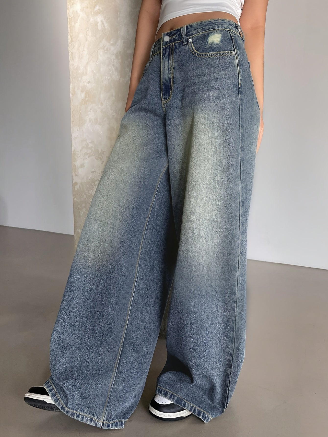 👖 Women's Vintage Washed Blue Denim Wide Leg Jeans 👖