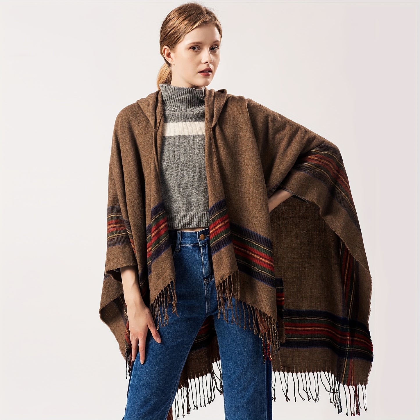 Oversized Scottish Striped Hooded Shawl Cloak 🧣🍂