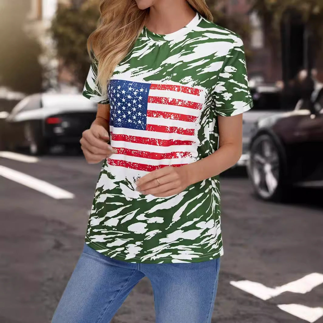 Flag Print T-shirt Crew Neck Casual