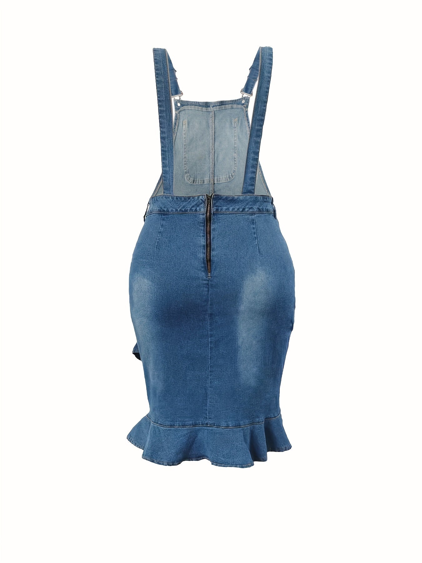 Plus-Size Asymmetric Ruffled Hem Plain Washed Blue Adjustable Strap Elegant Overalls Denim Dress 💙✨