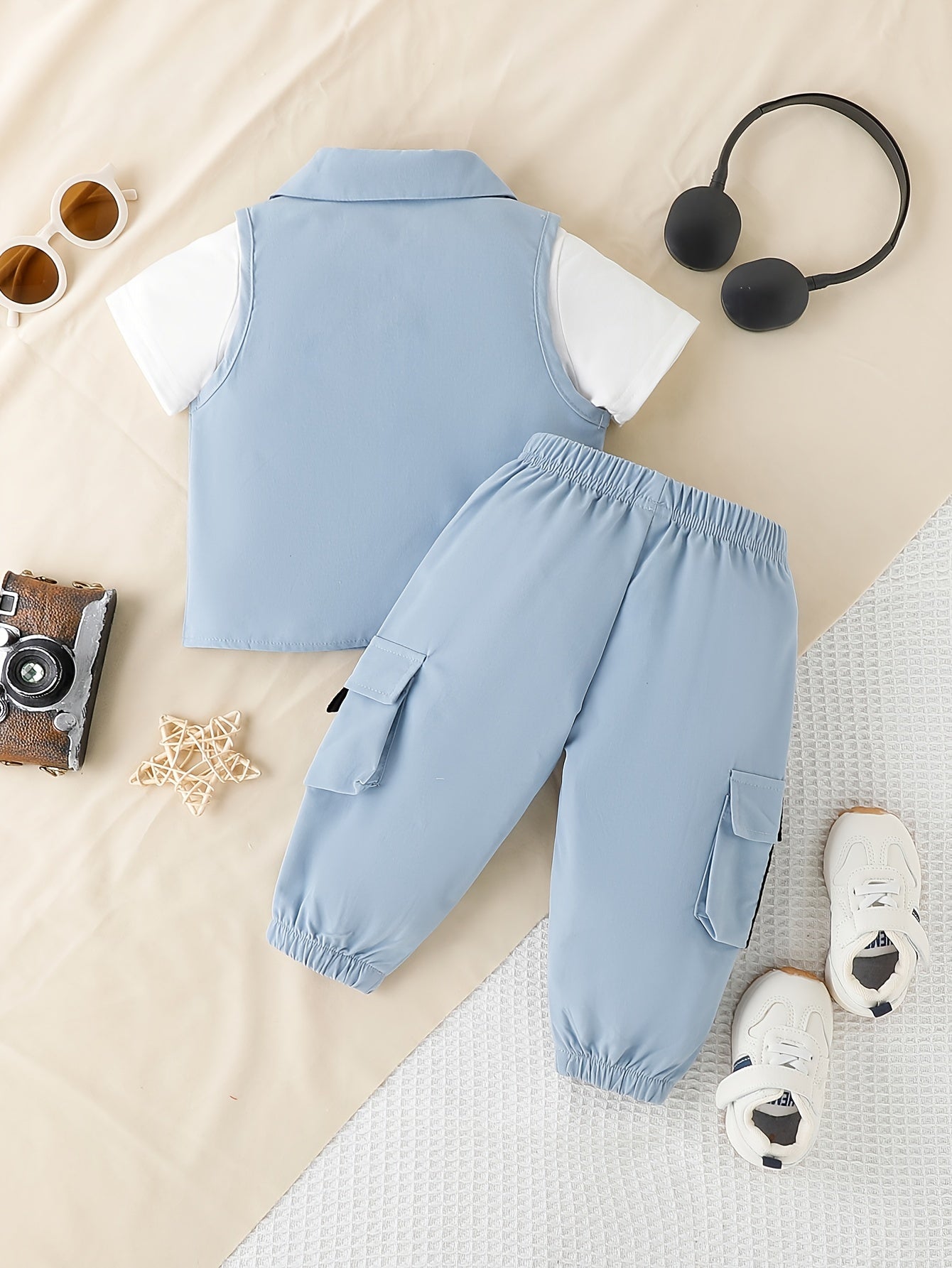 🌟 3-Piece Infant & Toddler Street Style Outfit – Casual Vest, Letter Print T-Shirt & Cargo Pants 🌟