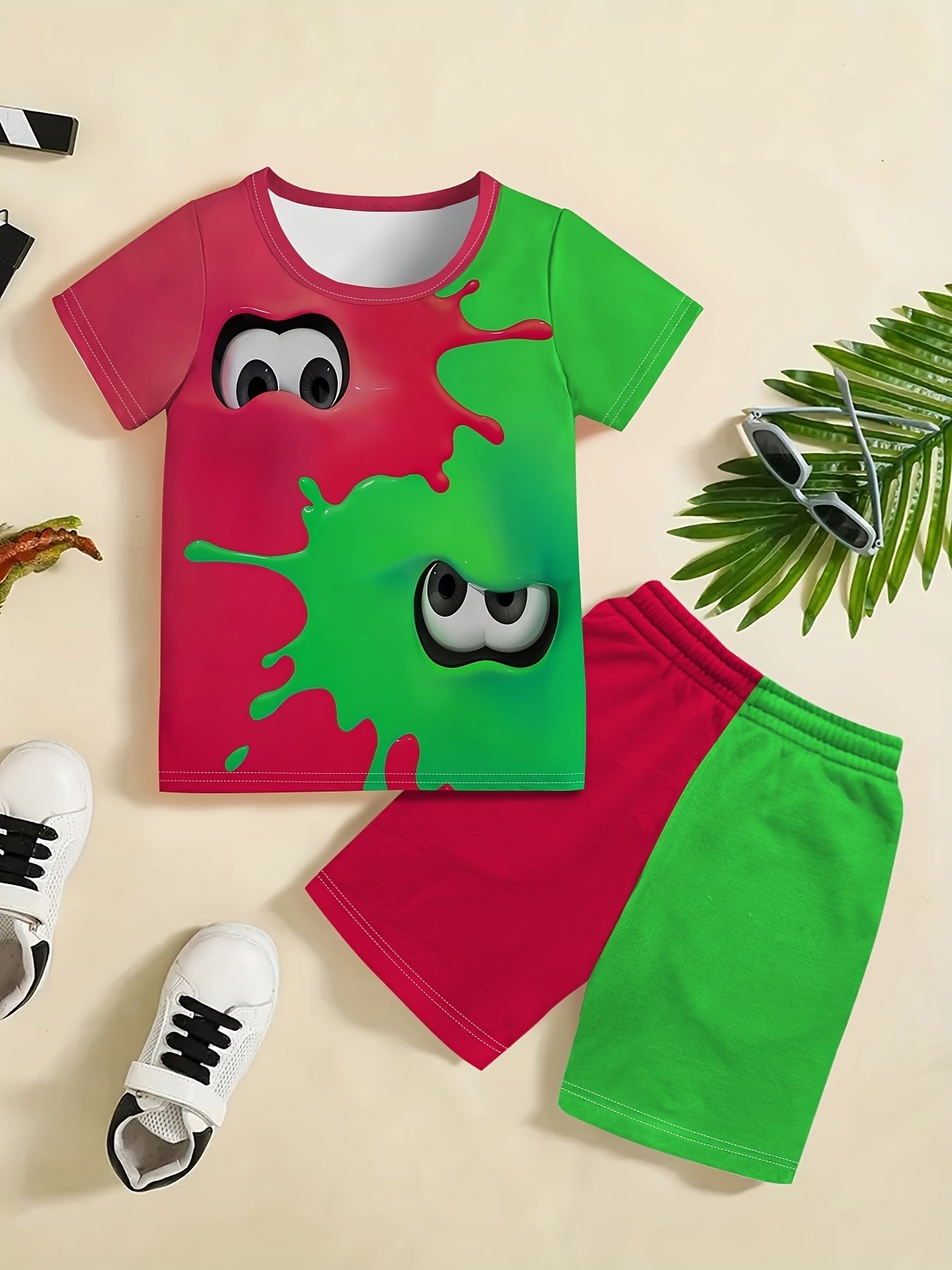 👕🩳 Boys' Color Block Monster Print T-Shirt & Shorts Set - Fun Summer Vibes! 👕🩳