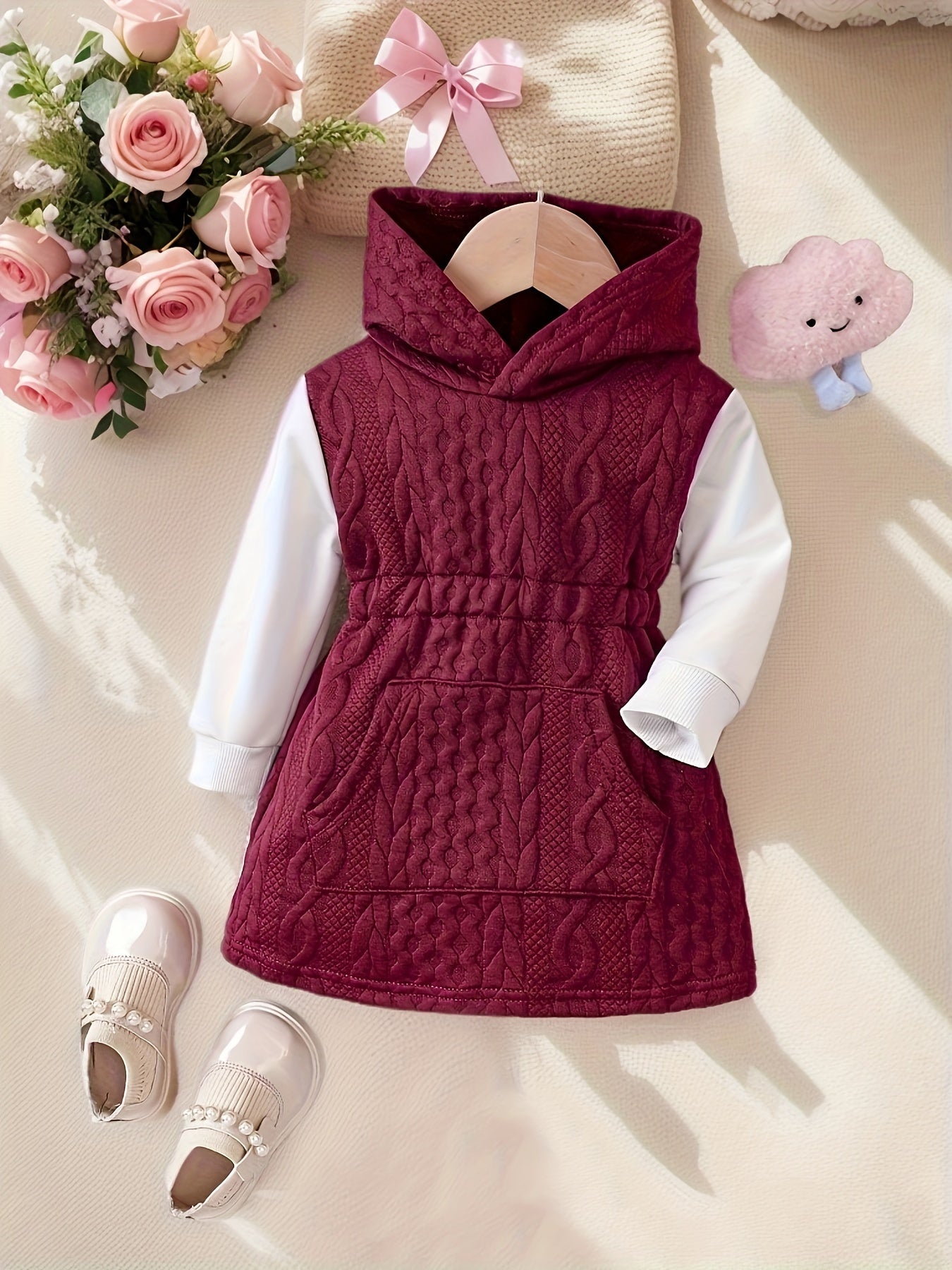 🍂 Baby's Casual Jacquard Faux Two-Piece Hooded Dress 🍂