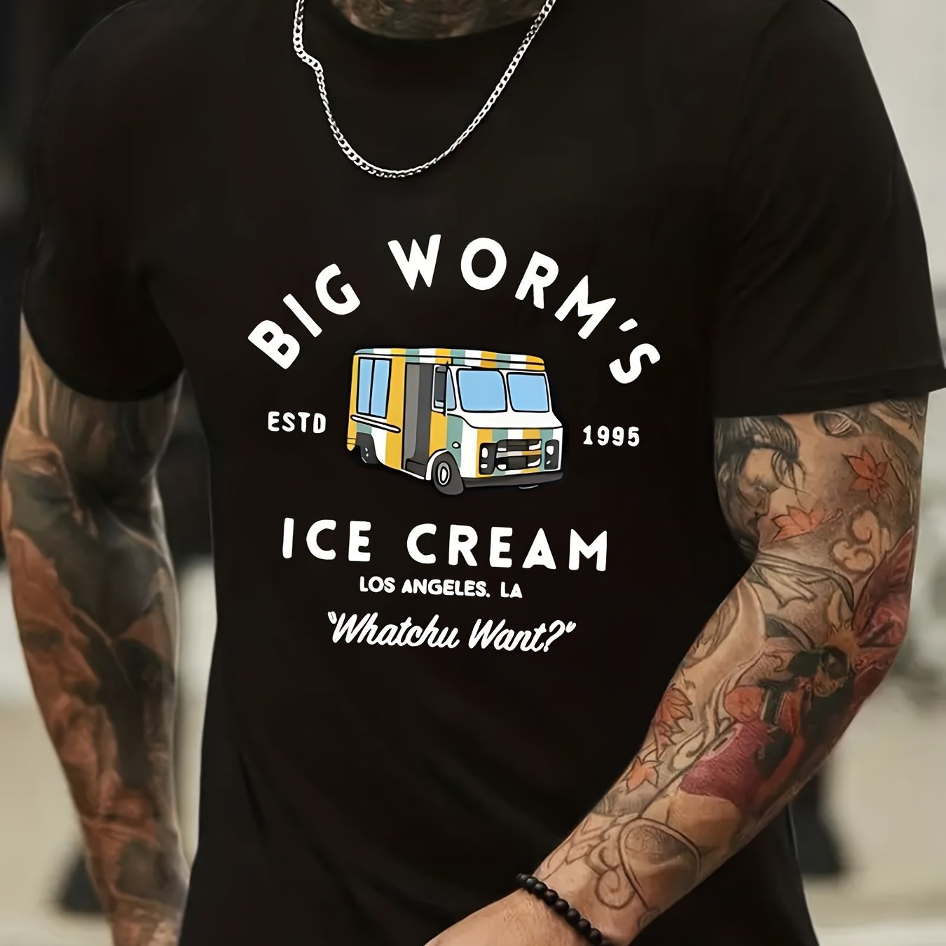 BIG WORM'S ICE CREAM And Anime Van Graphic Prints, Men's Innovative Graphic Design T-shirt, Summer Casual And Comfortable T-shirt, Daily Activity Men's Top