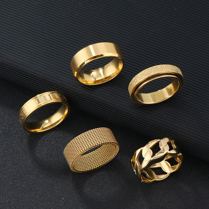 Hip Hop Hollow Out Rotatable Stainless Steel Rings Set – 5-Piece Fashion Ensemble 🔄✨