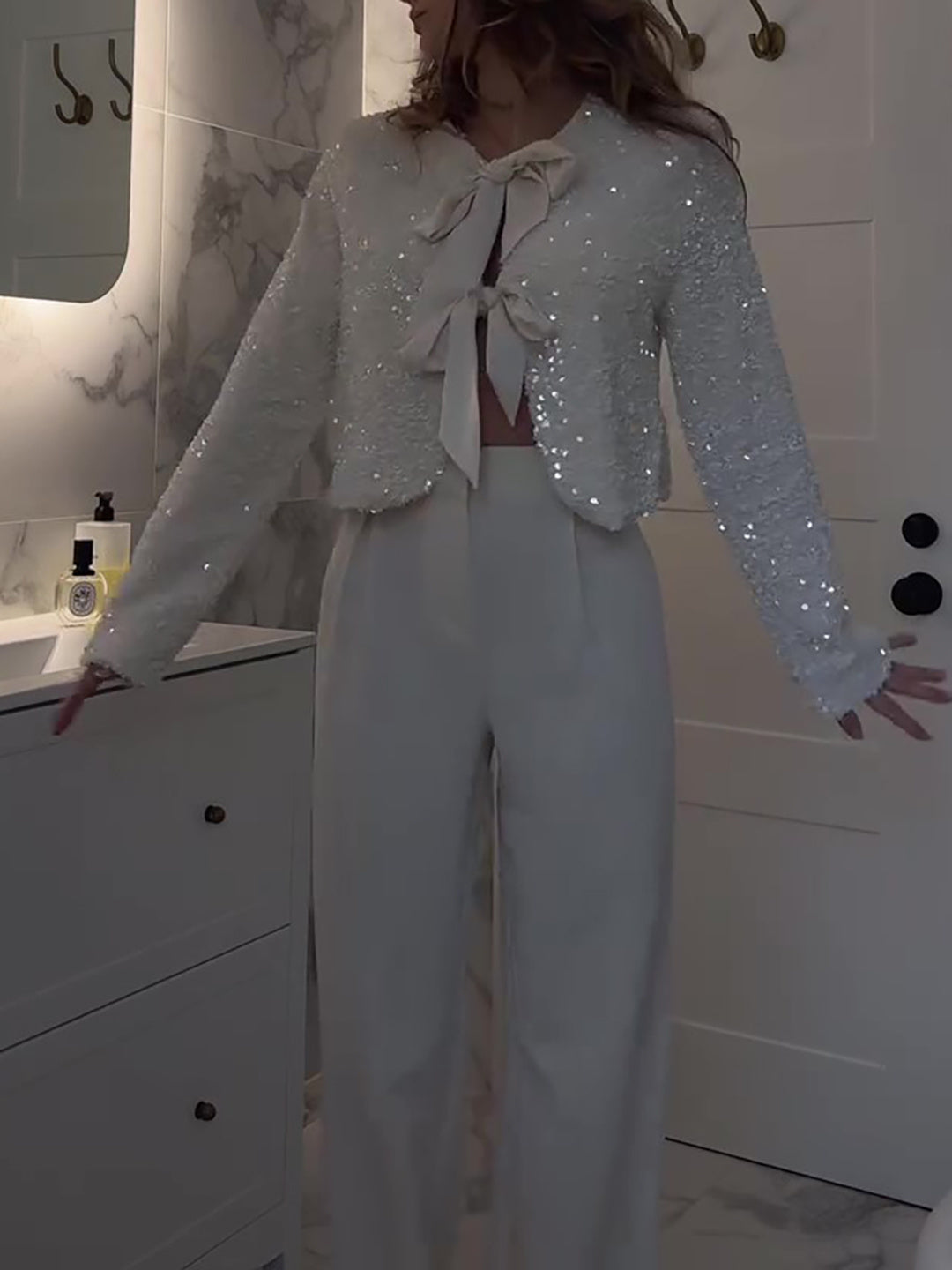 Bow White Sequined Cardigan