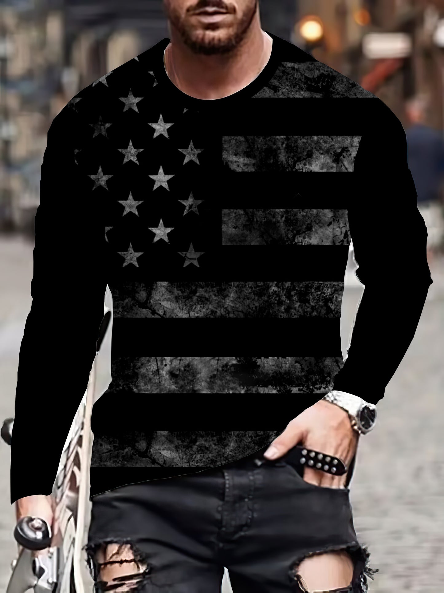 🇺🇸 Men's Retro Style American Flag Pattern Crew Neck Long Sleeve T-Shirt 🇺🇸